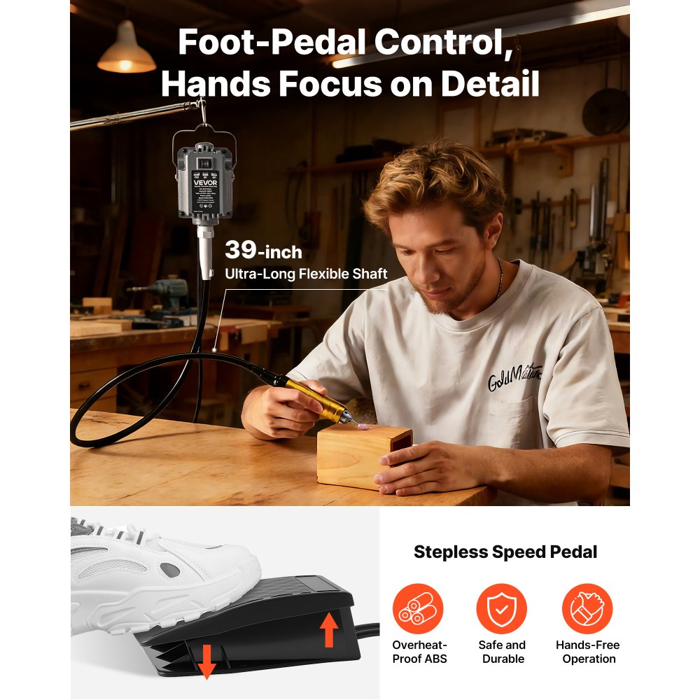 VEVOR Amoladora de Eje Flexible 1200 W 30.000 RPM, Herramienta Rotativa Eléctrica de Eje Flexible, Amoladora Colgante con Control de Pedal, Kit de Accesorios de 112 Piezas para Lijar, Pulir, Cortar