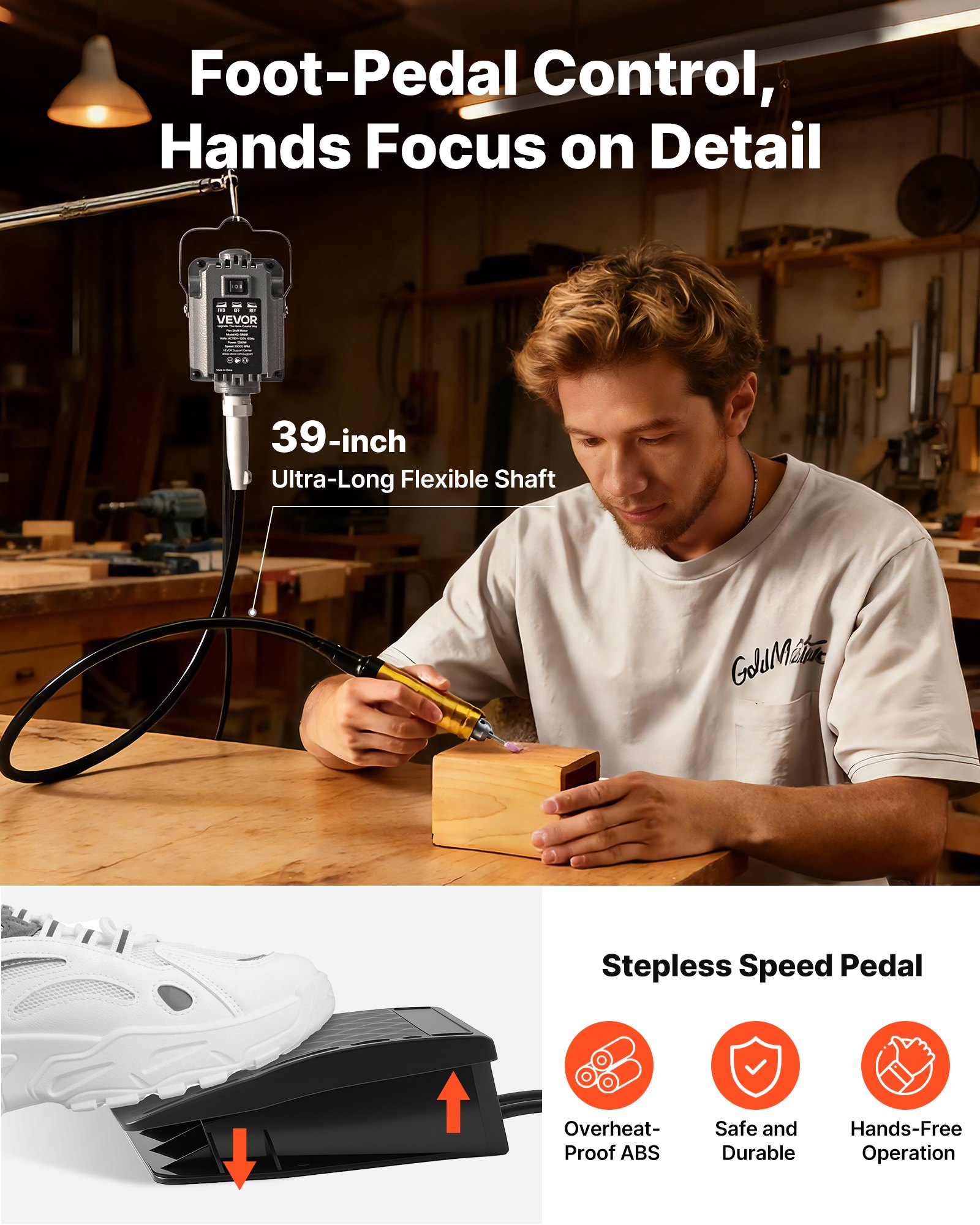 VEVOR Amoladora de Eje Flexible 1200 W 30.000 RPM, Herramienta Rotativa Eléctrica de Eje Flexible, Amoladora Colgante con Control de Pedal, Kit de Accesorios de 112 Piezas para Lijar, Pulir, Cortar