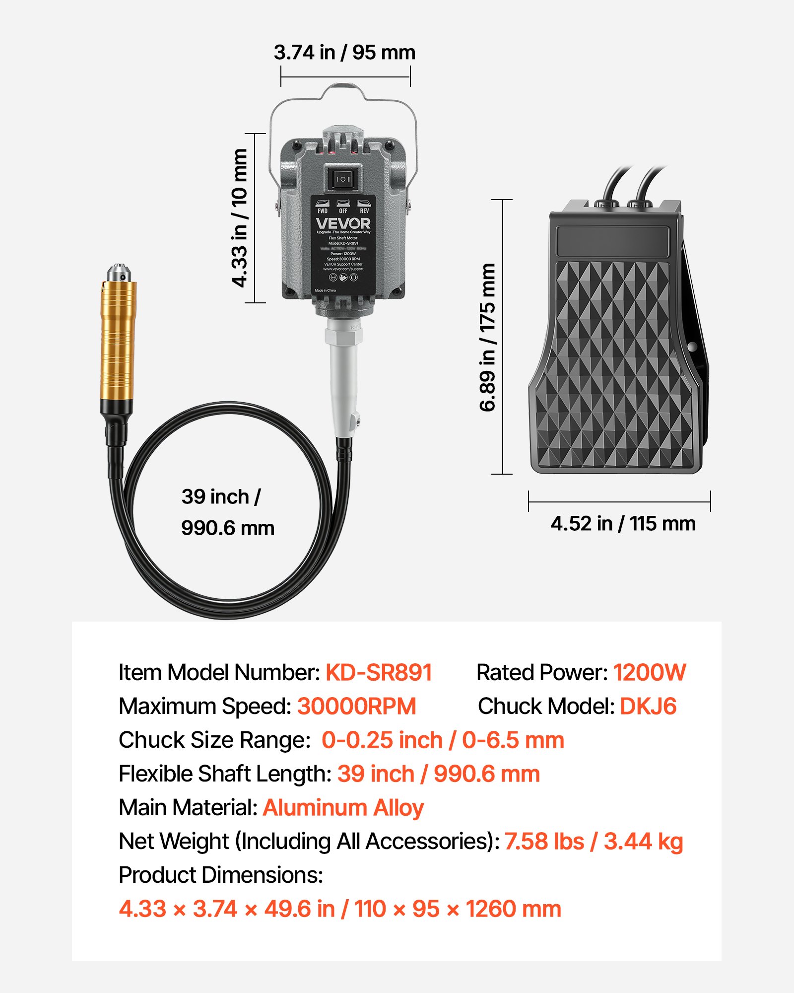 VEVOR Amoladora de Eje Flexible 1200 W 30.000 RPM, Herramienta Rotativa Eléctrica de Eje Flexible, Amoladora Colgante con Control de Pedal, Kit de Accesorios de 112 Piezas para Lijar, Pulir, Cortar