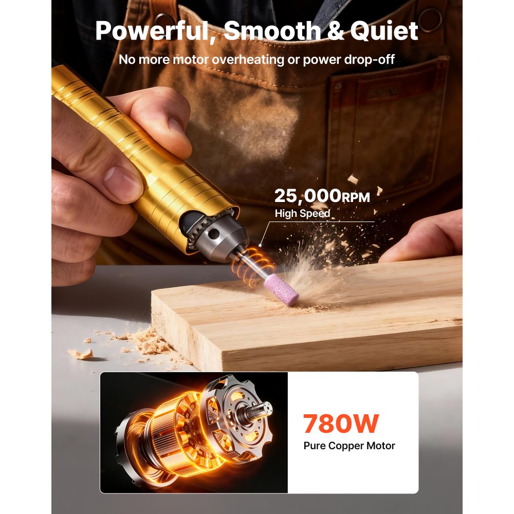VEVOR Amoladora de Eje Flexible 780 W 25.000 RPM, Herramienta Rotativa Eléctrica de Eje Flexible, Amoladora Colgante con Control de Pedal, Kit de Accesorios de 112 Piezas para Lijar, Pulir, Cortar