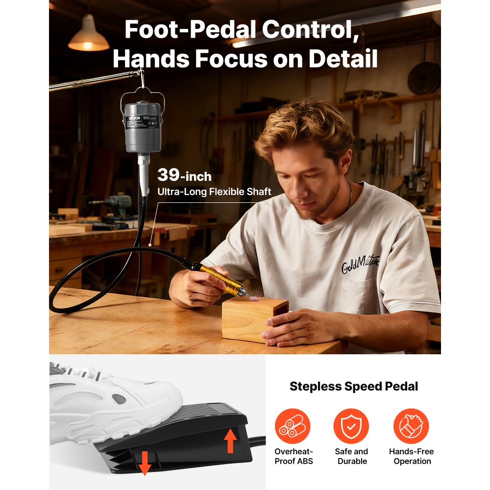 VEVOR Amoladora de Eje Flexible 780 W 25.000 RPM, Herramienta Rotativa Eléctrica de Eje Flexible, Amoladora Colgante con Control de Pedal, Kit de Accesorios de 112 Piezas para Lijar, Pulir, Cortar