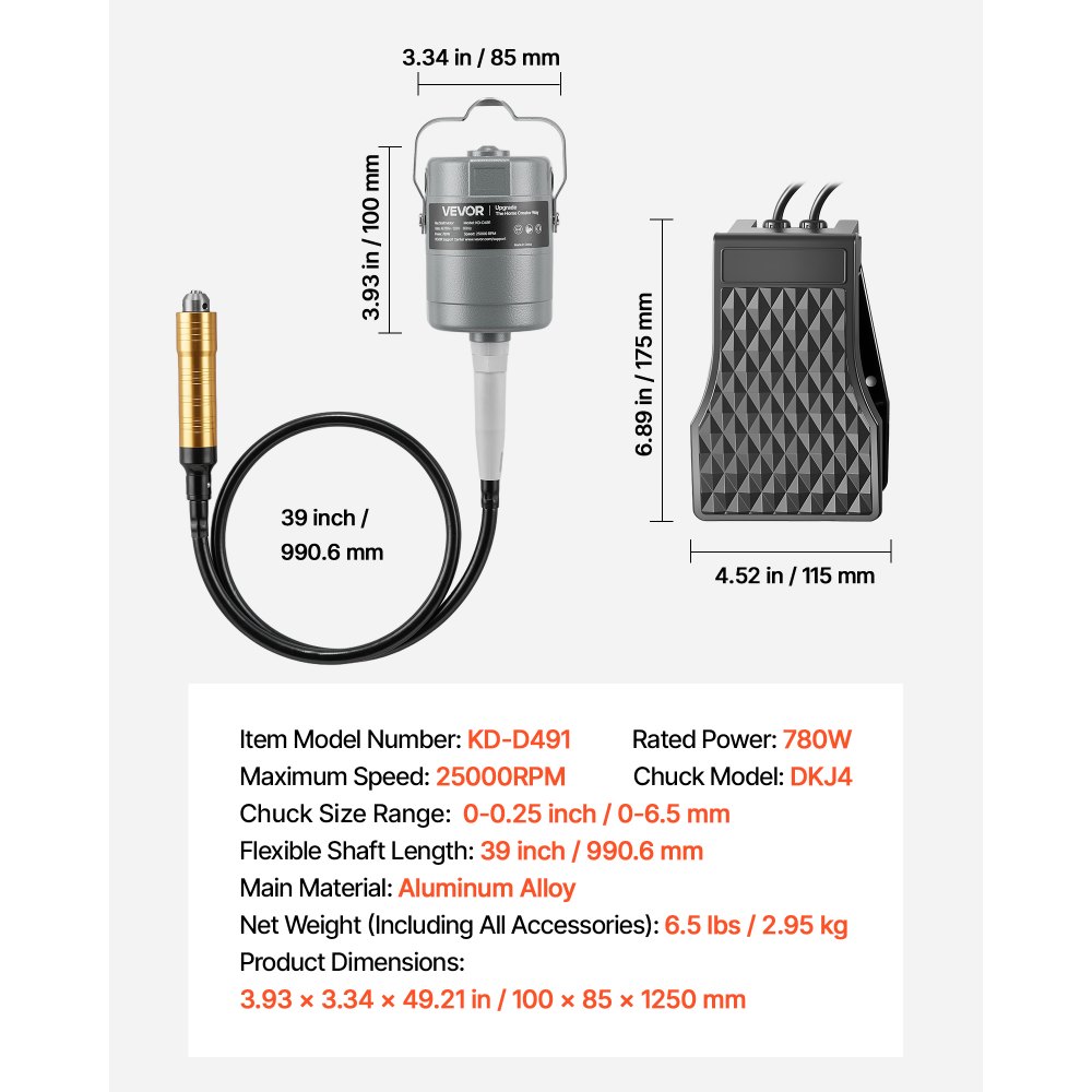 VEVOR Amoladora de Eje Flexible 780 W 25.000 RPM, Herramienta Rotativa Eléctrica de Eje Flexible, Amoladora Colgante con Control de Pedal, Kit de Accesorios de 112 Piezas para Lijar, Pulir, Cortar
