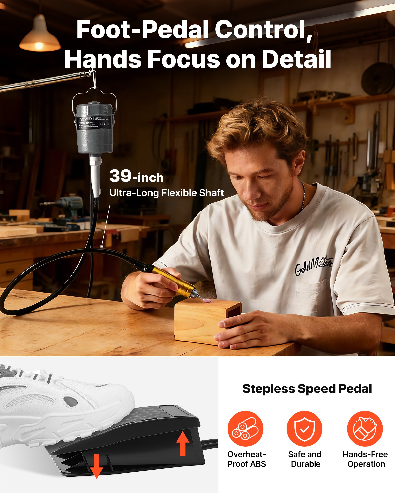 VEVOR Amoladora de Eje Flexible 780 W 25.000 RPM, Herramienta Rotativa Eléctrica de Eje Flexible, Amoladora Colgante con Control de Pedal, Kit de Accesorios de 112 Piezas para Lijar, Pulir, Cortar