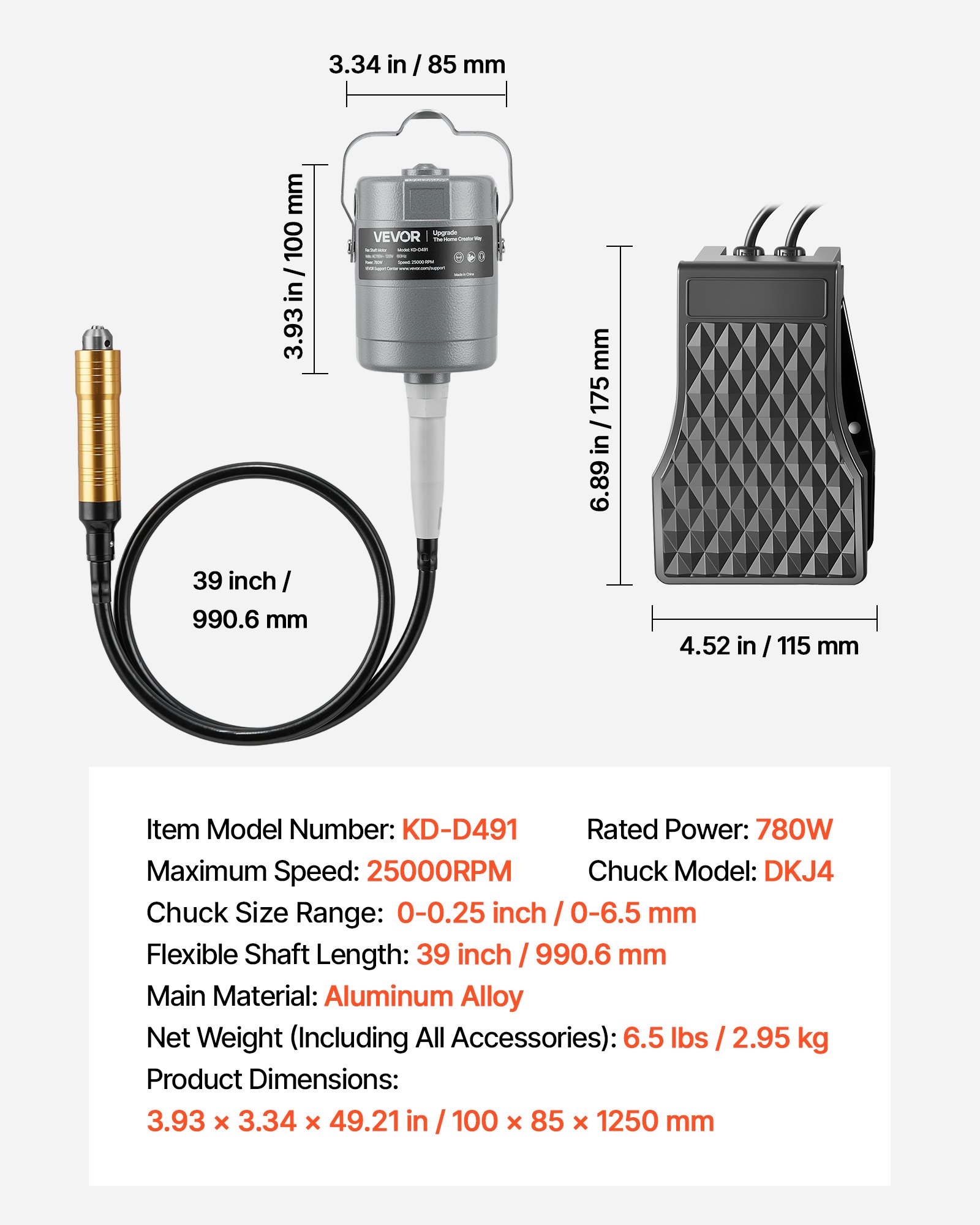 VEVOR Amoladora de Eje Flexible 780 W 25.000 RPM, Herramienta Rotativa Eléctrica de Eje Flexible, Amoladora Colgante con Control de Pedal, Kit de Accesorios de 112 Piezas para Lijar, Pulir, Cortar
