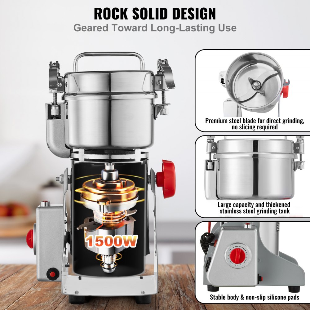 VEVOR Molinillo de Especias Comercial Capacidad de 300 g Molinillo de Cereales Eléctrico 1500 W Molinillo de Alta Velocidad 28000 rpm para Granos Secos Especias Cereales Café Maíz Pimienta