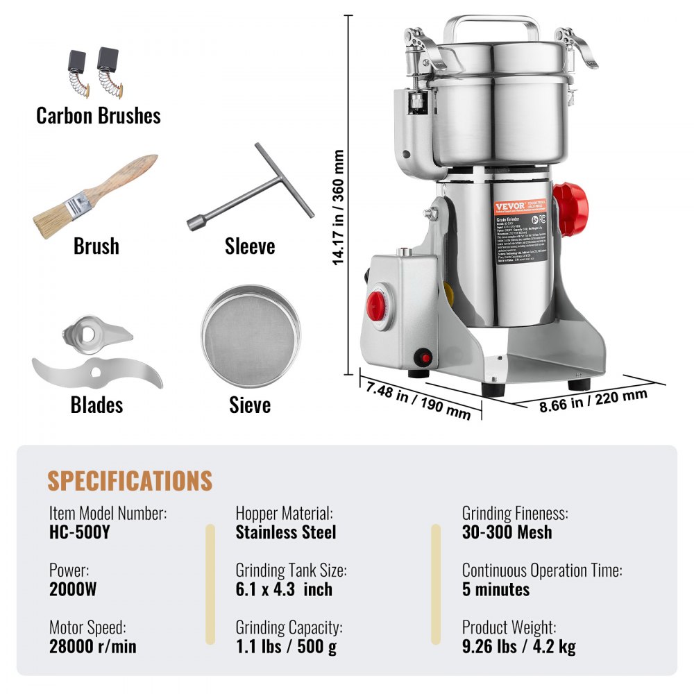 VEVOR Molinillo de Especias Comercial Capacidad de 500 g Molinillo de Cereales Eléctrico 2000 W Molinillo de Alta Velocidad 28000 rpm para Granos Secos Especias Cereales Café Maíz Pimienta
