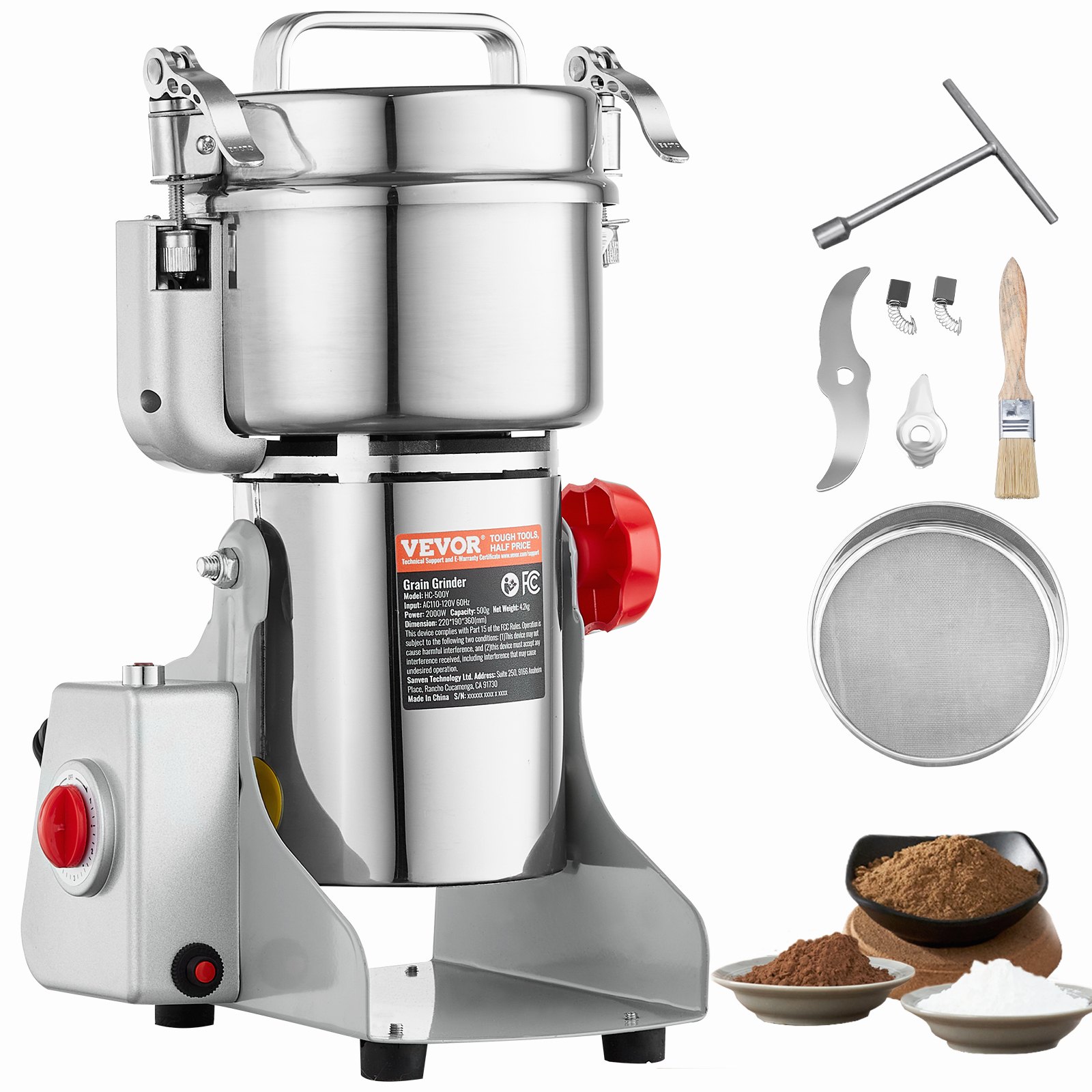 VEVOR Molinillo de Especias Comercial Capacidad de 500 g Molinillo de Cereales Eléctrico 2000 W Molinillo de Alta Velocidad 28000 rpm para Granos Secos Especias Cereales Café Maíz Pimienta