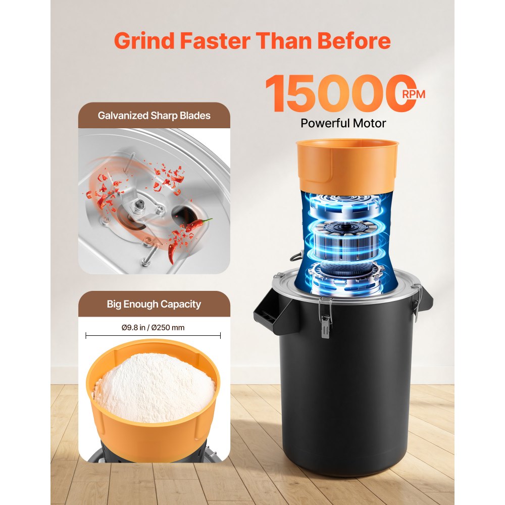 VEVOR Molinillo Eléctrico de Especias 53 L 600 W, Molinillo de Cereales de Alta Velocidad 15.000 rpm, con Cuchillas Afiladas Galvanizadas para Granos Secos, Especias, Cereales, Maíz, Pimienta