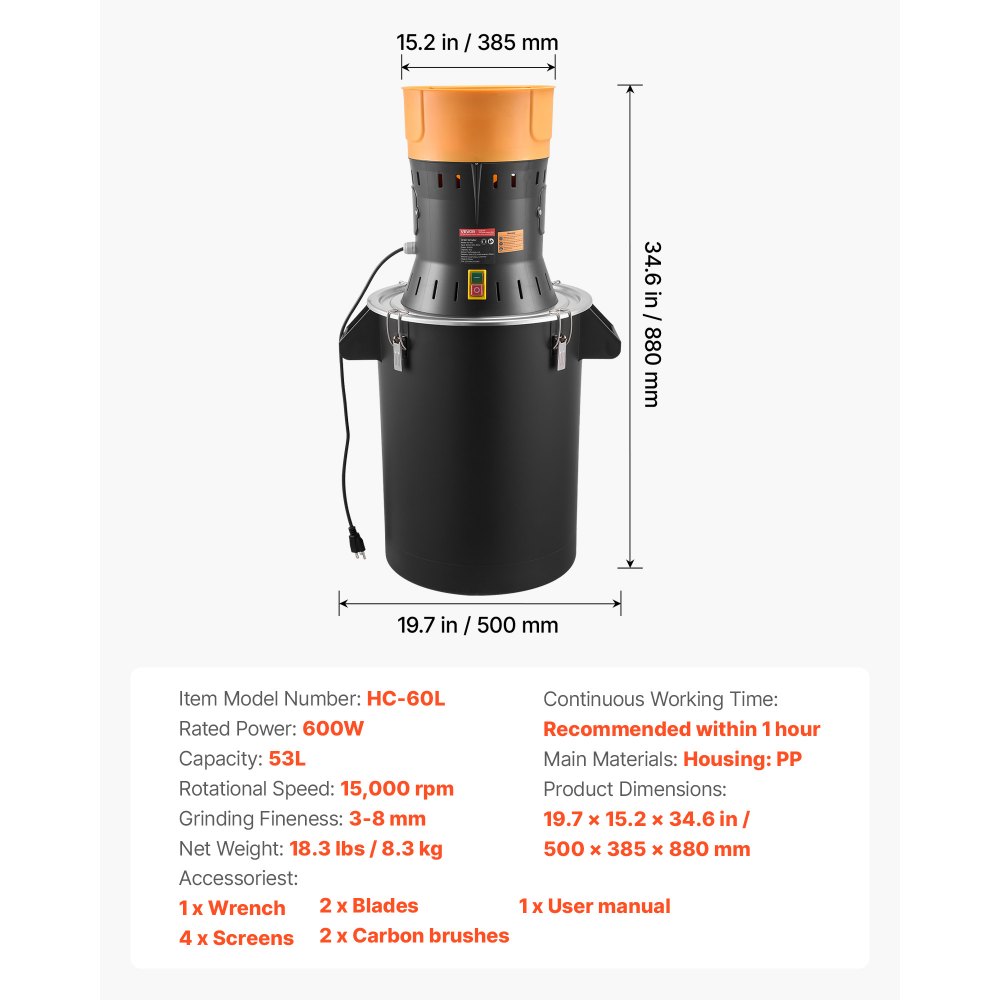 VEVOR Molinillo Eléctrico de Especias 53 L 600 W, Molinillo de Cereales de Alta Velocidad 15.000 rpm, con Cuchillas Afiladas Galvanizadas para Granos Secos, Especias, Cereales, Maíz, Pimienta