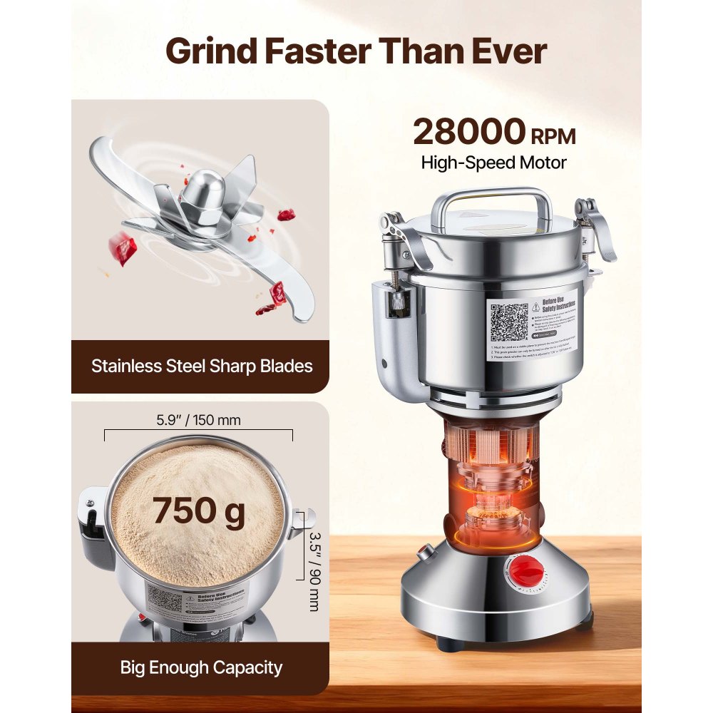 VEVOR Molinillo de Granos Eléctrico 2000 W Capacidad de 750 g Molinillo de Especias de Alta Velocidad con Pulverizador de Acero Inoxidable para Granos Secos Especias Cereales Café Maíz Pimienta