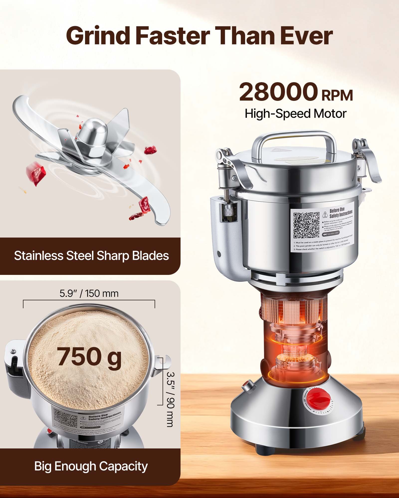 VEVOR Molinillo de Granos Eléctrico 2000 W Capacidad de 750 g Molinillo de Especias de Alta Velocidad con Pulverizador de Acero Inoxidable para Granos Secos Especias Cereales Café Maíz Pimienta