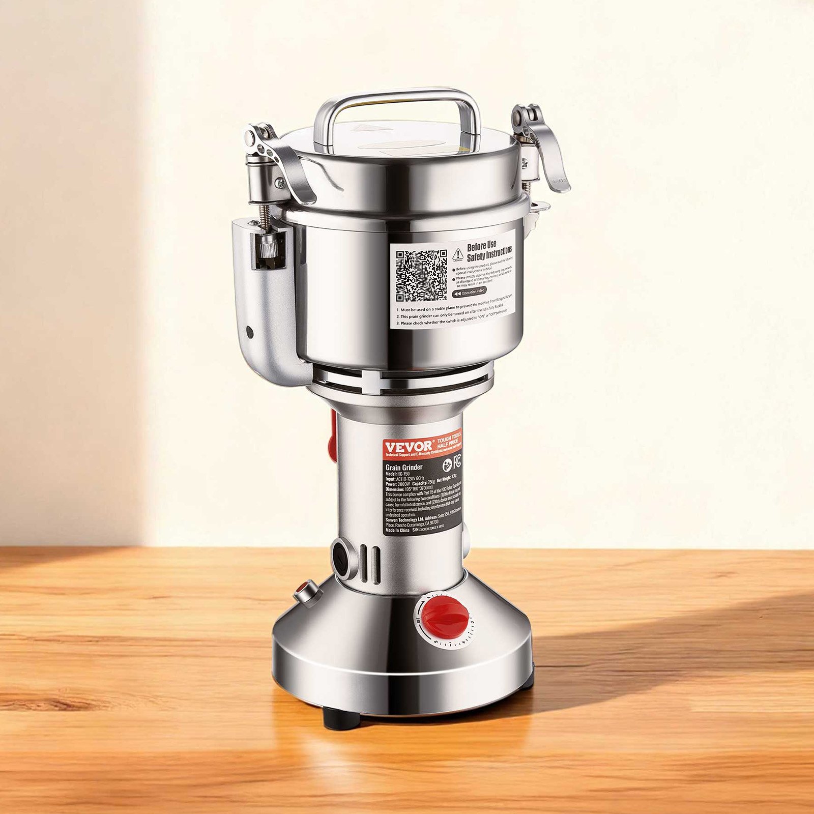 VEVOR Molinillo de Granos Eléctrico 2000 W Capacidad de 750 g Molinillo de Especias de Alta Velocidad con Pulverizador de Acero Inoxidable para Granos Secos Especias Cereales Café Maíz Pimienta