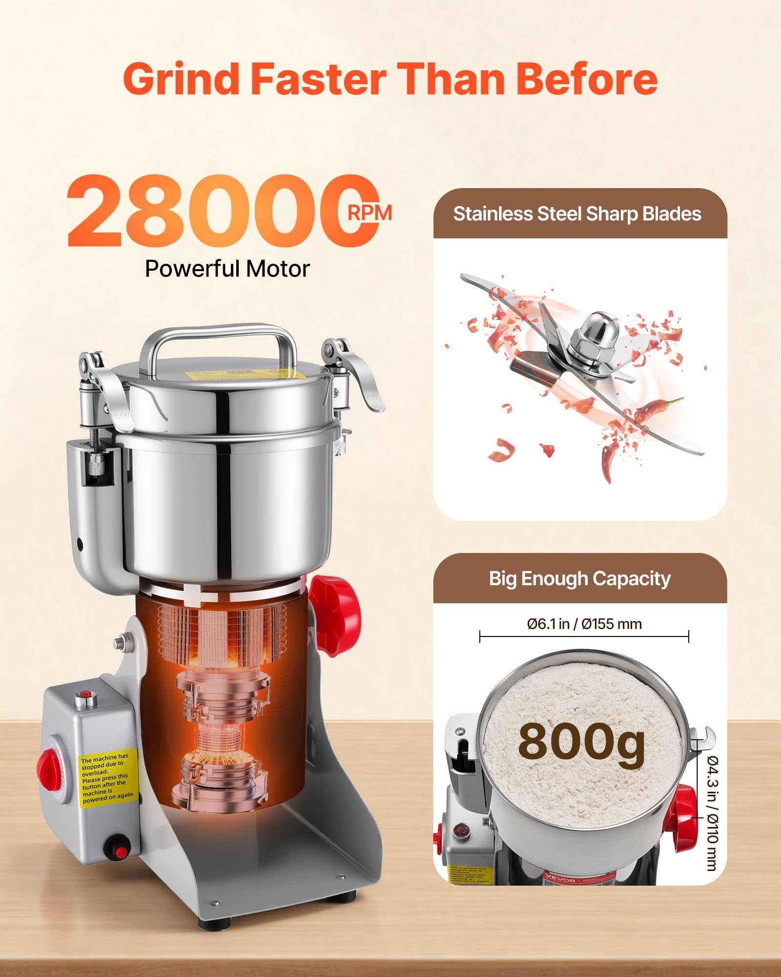 VEVOR Molinillo Eléctrico de Especias 2100 W, Molinillo de Cereales de Alta Velocidad 28.000 rpm, con Cuchillas Triples de Acero Inoxidable para Granos Secos, Especias, Cereales, Maíz, Pimienta