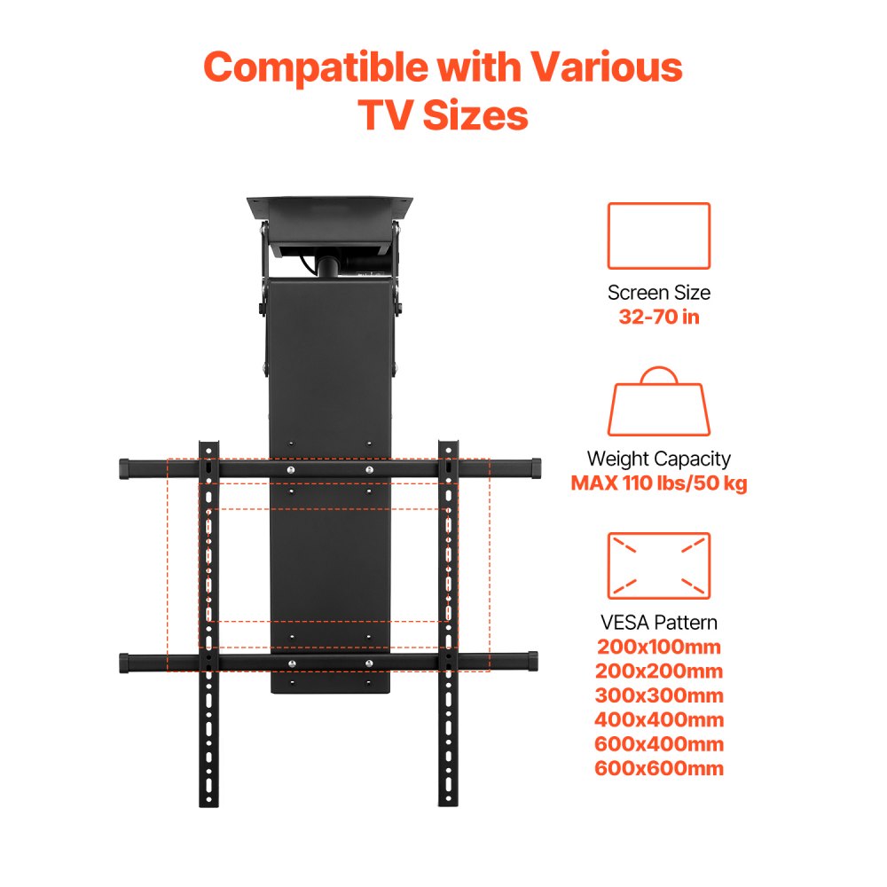 VEVOR motorized TV ceiling mount for 813 to 1778 mm TVs, electrically adjustable fold-down stand with max. VESA 60 x 60 cm, suitable for TVs up to 50 kg