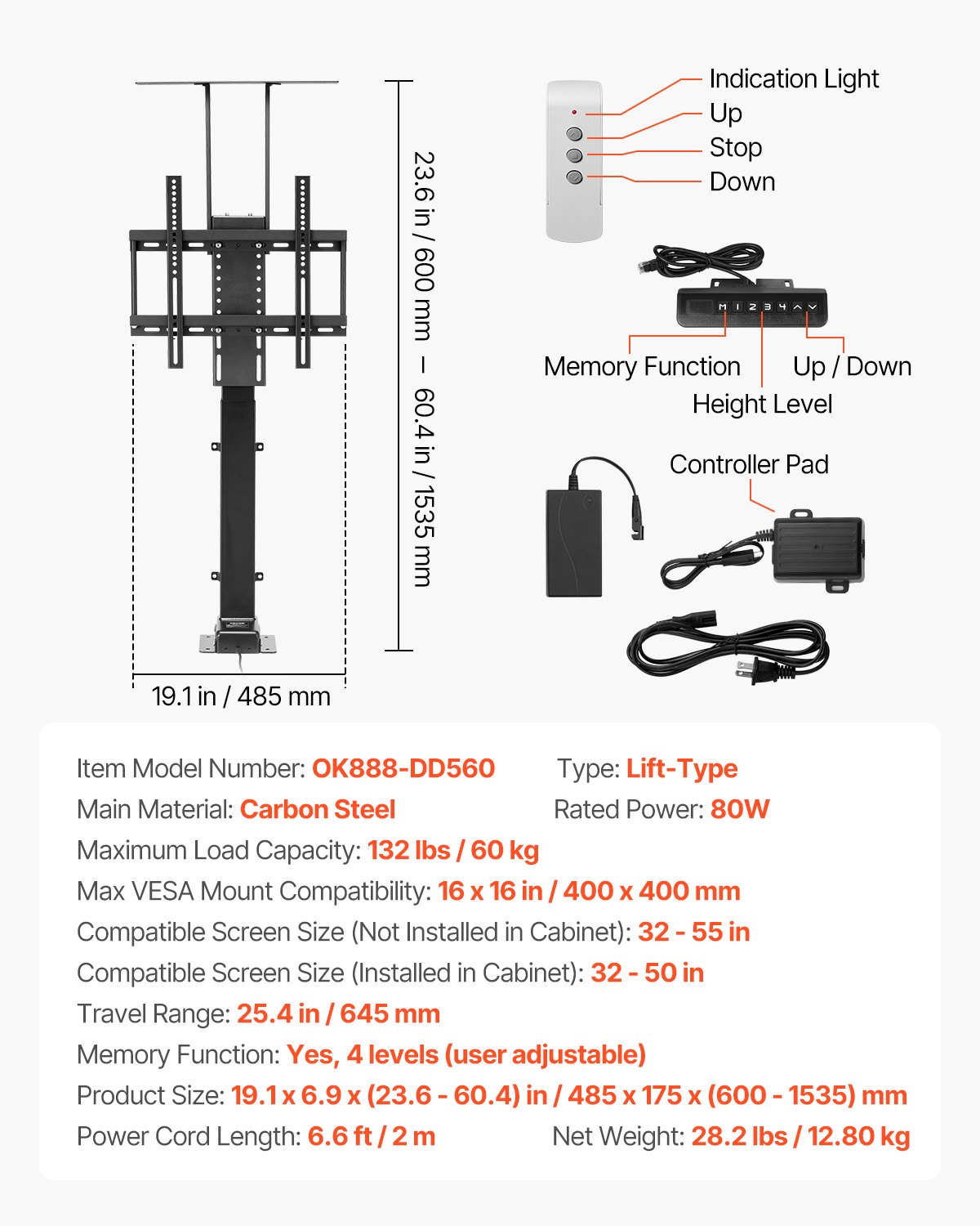 VEVOR Soporte de TV Motorizado Elevable para Pantalla de 813-1397 mm (no en Gabinete), Soporte de TV Vertical con Control Remoto, Carga de 60 kg, Patrón Máximo de Orificios VESA de 40 x 40 cm