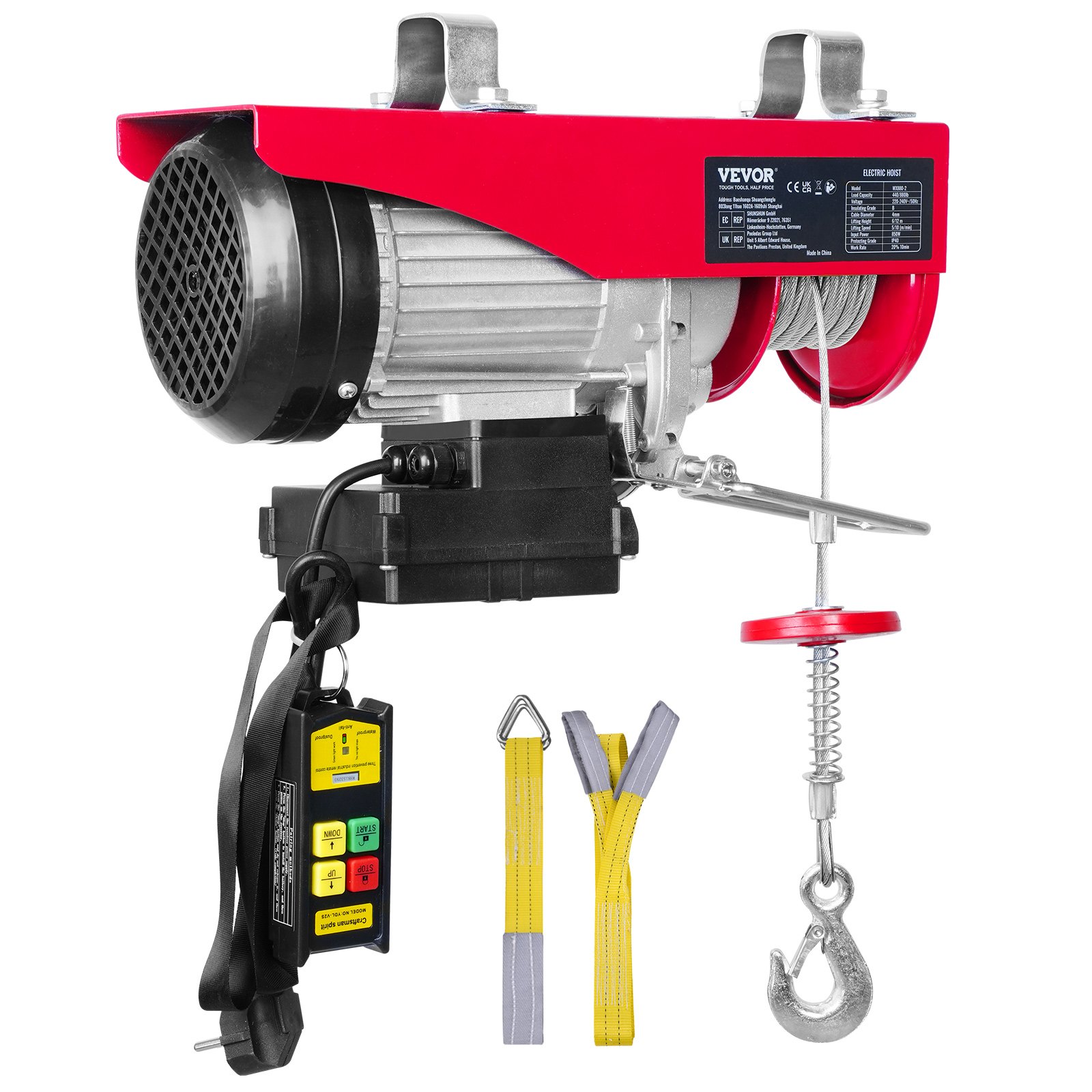 VEVOR Polipasto Eléctrico de Cable Capacidad de 400 kg Polipasto 850 W con Mando a Distancia Inalámbrico 10 m/min Altura de Elevación 12m Cable Único Motor de Cobre Puro para Garajes Almacenes Plantas