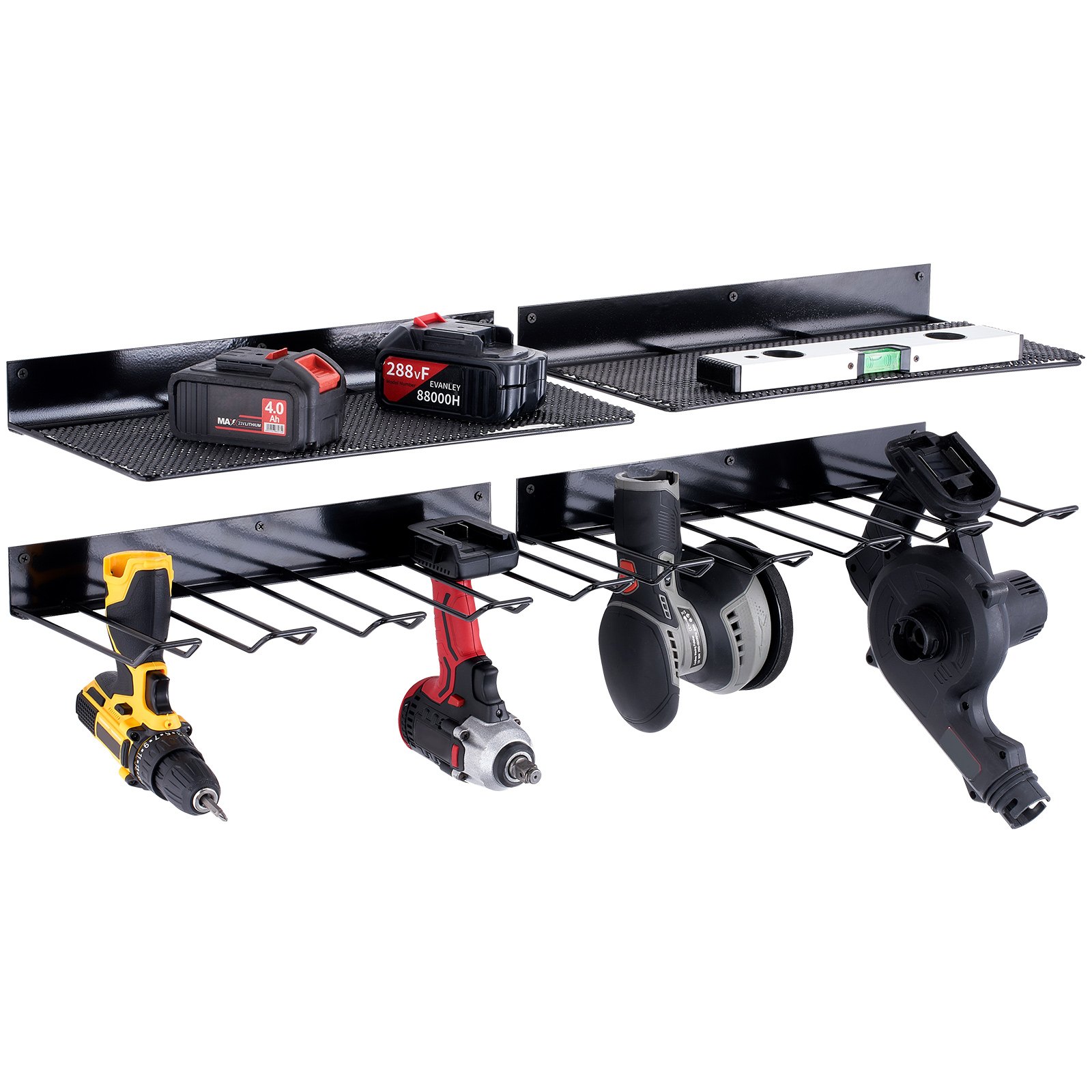 VEVOR Estante para Herramientas Eléctricas de Pared 4 Ranuras Organizador de Almacenamiento para Taller Garaje, 2 Capas para Taladro Inalámbrico, Estación de Carga de Batería, Destornillador, Alicates