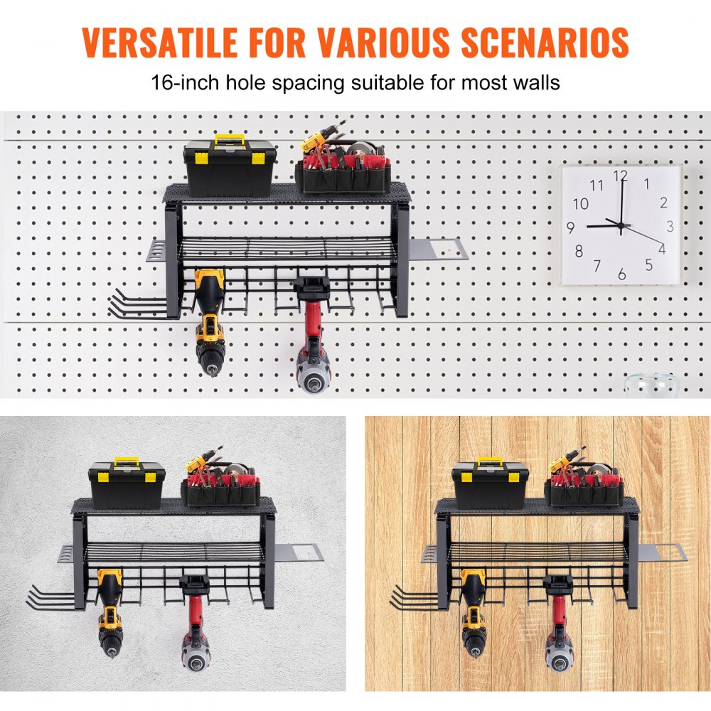 VEVOR Estante para Herramientas Eléctricas de Pared 4 Ranuras Organizador de Almacenamiento para Taller Garaje, 3 Capas para Taladro Inalámbrico, Estación de Carga de Batería, Destornillador, Alicates