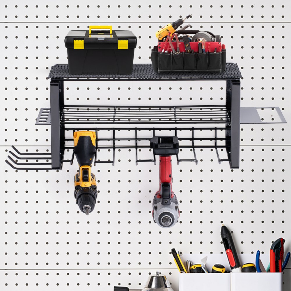 VEVOR Estante para Herramientas Eléctricas de Pared 4 Ranuras Organizador de Almacenamiento para Taller Garaje, 3 Capas para Taladro Inalámbrico, Estación de Carga de Batería, Destornillador, Alicates