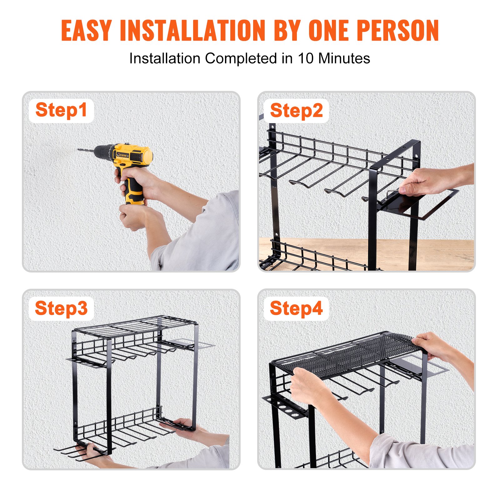 VEVOR Estante para Herramientas Eléctricas de Pared 8 Ranuras Organizador de Almacenamiento para Taller Garaje, 3 Capas para Taladro Inalámbrico, Estación de Carga de Batería, Destornillador, Alicates