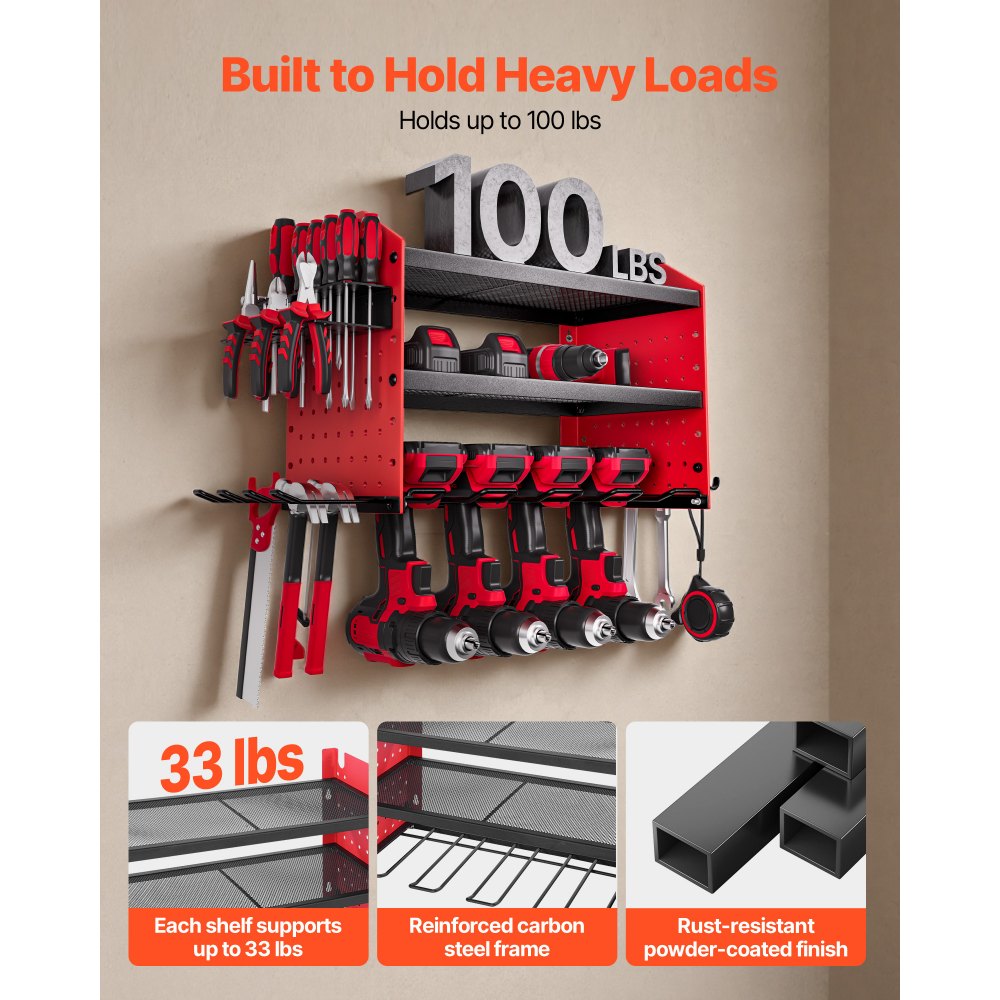 VEVOR Organizador de Herramientas Eléctricas de Pared, Estante de Almacenamiento de 3 Capas con 4 Soportes para Taladros, con Tableros Perforados Laterales, para Garaje, Banco de Trabajo y Taller
