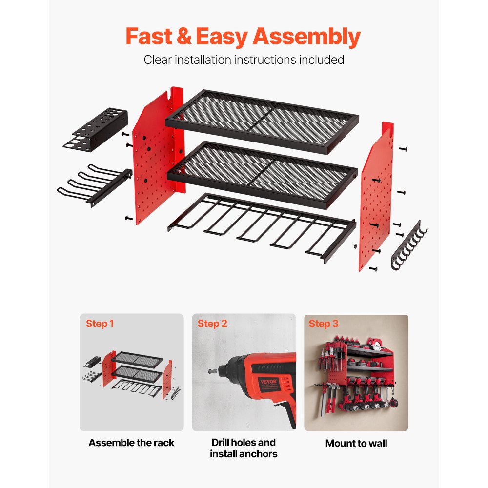 VEVOR Organizador de Herramientas Eléctricas de Pared, Estante de Almacenamiento de 3 Capas con 4 Soportes para Taladros, con Tableros Perforados Laterales, para Garaje, Banco de Trabajo y Taller