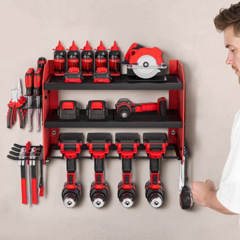 VEVOR Organizador de Herramientas Eléctricas de Pared, Estante de Almacenamiento de 3 Capas con 4 Soportes para Taladros, con Tableros Perforados Laterales, para Garaje, Banco de Trabajo y Taller