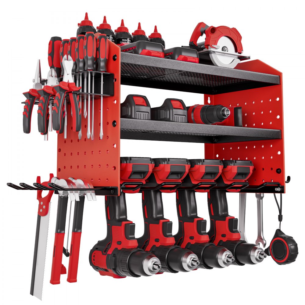 VEVOR Organizador de Herramientas Eléctricas de Pared, Estante de Almacenamiento de 3 Capas con 4 Soportes para Taladros, con Tableros Perforados Laterales, para Garaje, Banco de Trabajo y Taller