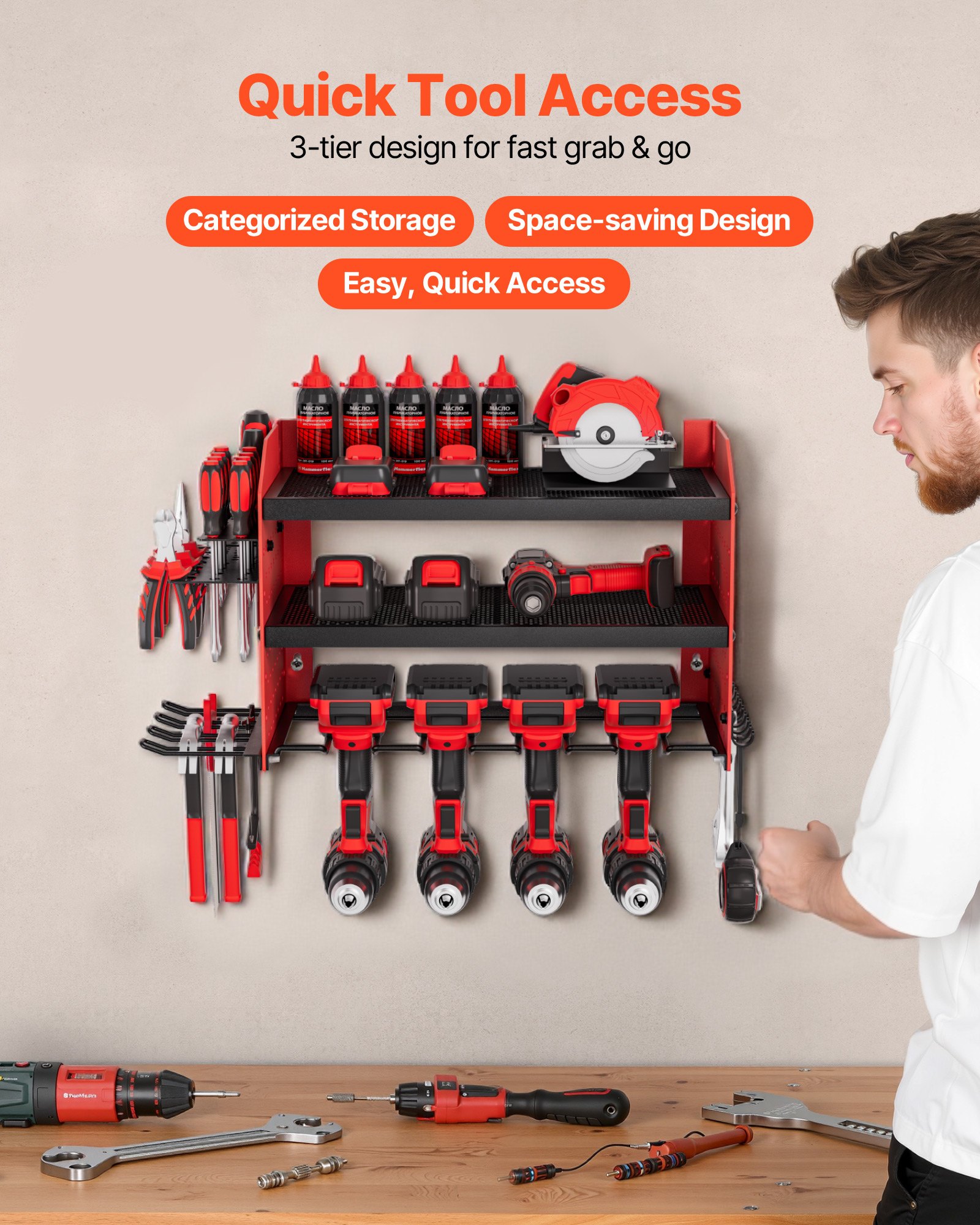 VEVOR Power Tool Organizer Wall Mount, 3-Layer Storage Rack with 4 Drill Holders, Tools Holder and Storage Rack with Side Pegboards, Garage Tool Organizer for Garage, Workbench, and Workshop