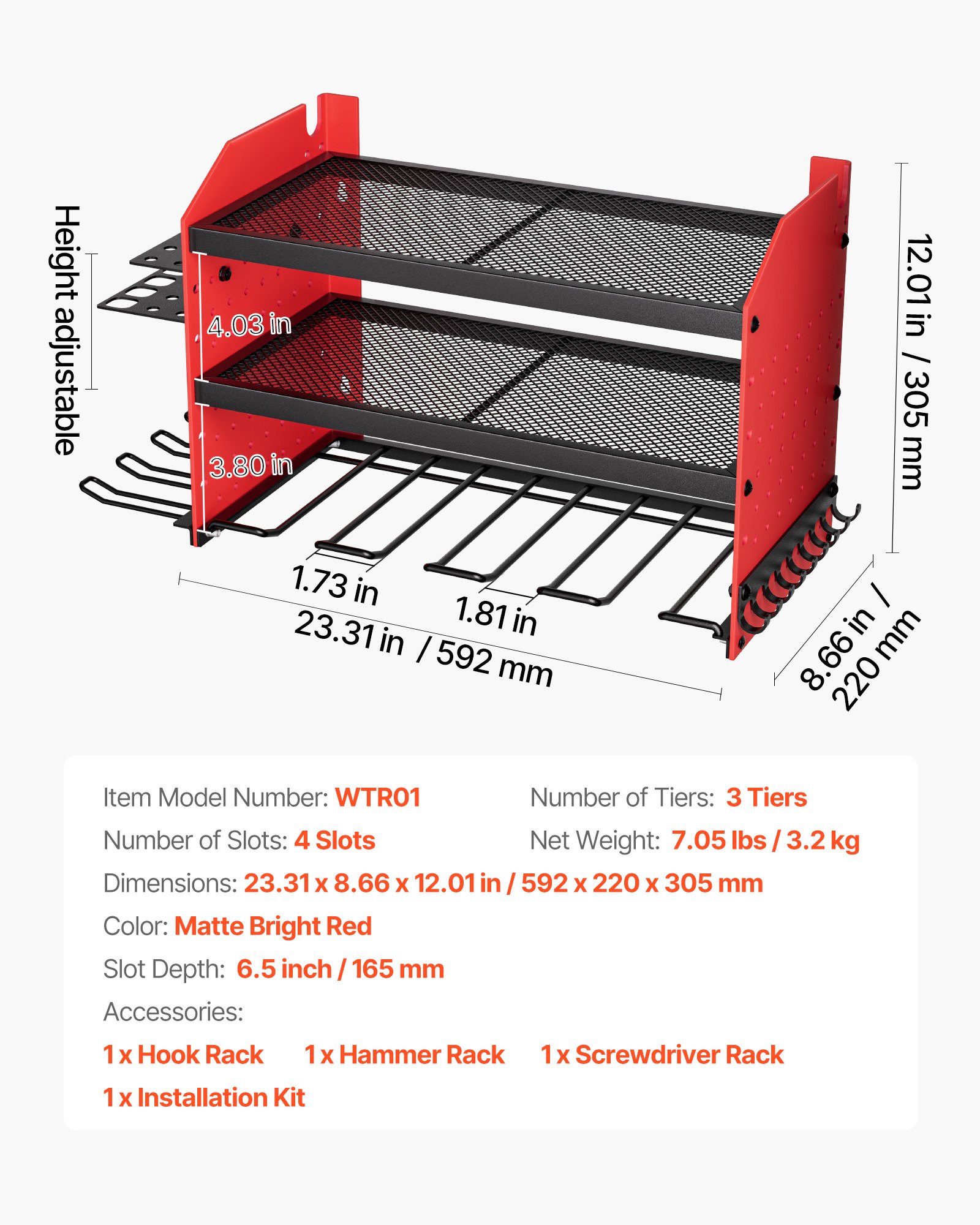 VEVOR Power Tool Organizer Wall Mount, 3-Layer Storage Rack with 4 Drill Holders, Tools Holder and Storage Rack with Side Pegboards, Garage Tool Organizer for Garage, Workbench, and Workshop