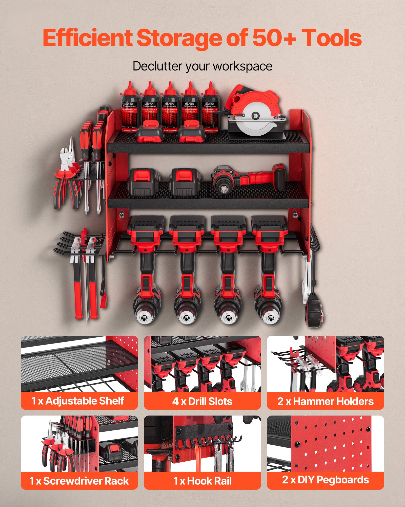 VEVOR Organizador de Herramientas Eléctricas de Pared, Estante de Almacenamiento de 3 Capas con 4 Soportes para Taladros, con Tableros Perforados Laterales, para Garaje, Banco de Trabajo y Taller