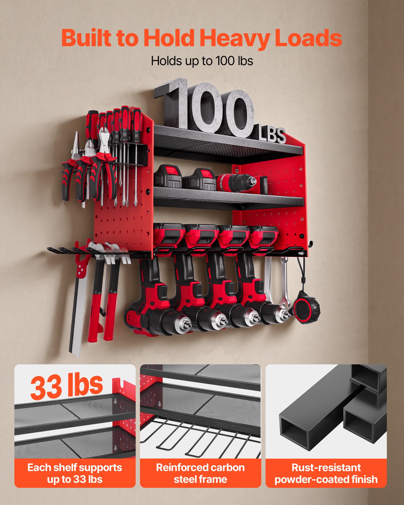 VEVOR Organizador de Herramientas Eléctricas de Pared, Estante de Almacenamiento de 3 Capas con 4 Soportes para Taladros, con Tableros Perforados Laterales, para Garaje, Banco de Trabajo y Taller