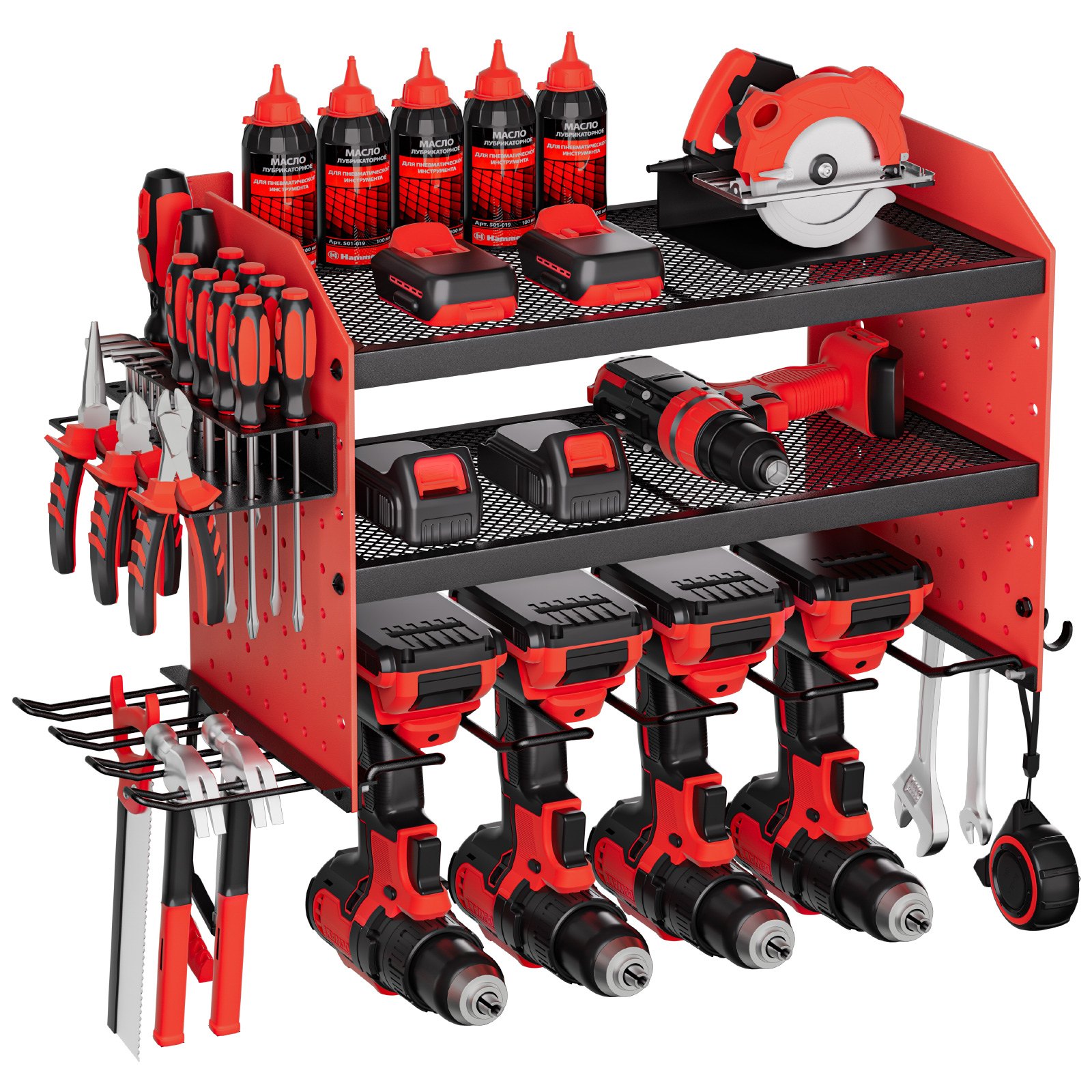 VEVOR Organizador de Herramientas Eléctricas de Pared, Estante de Almacenamiento de 3 Capas con 4 Soportes para Taladros, con Tableros Perforados Laterales, para Garaje, Banco de Trabajo y Taller