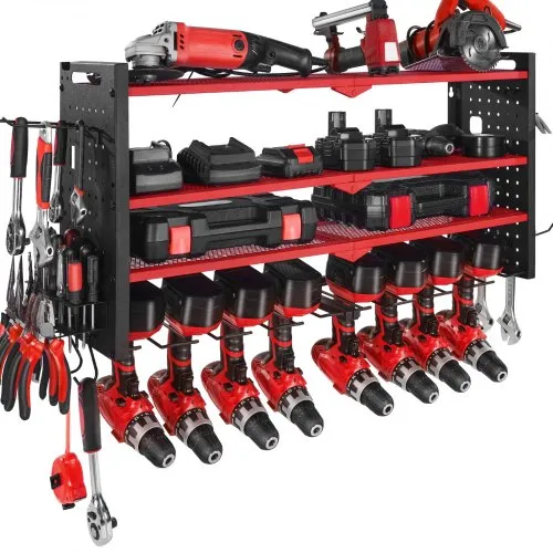 VEVOR Organizador de Herramientas Eléctricas de Pared, Estante de Almacenamiento de 4 Capas con 8 Portabrocas, con Tableros Perforados Laterales, para Garaje, Banco y Taller, Rojo Brillante Mate