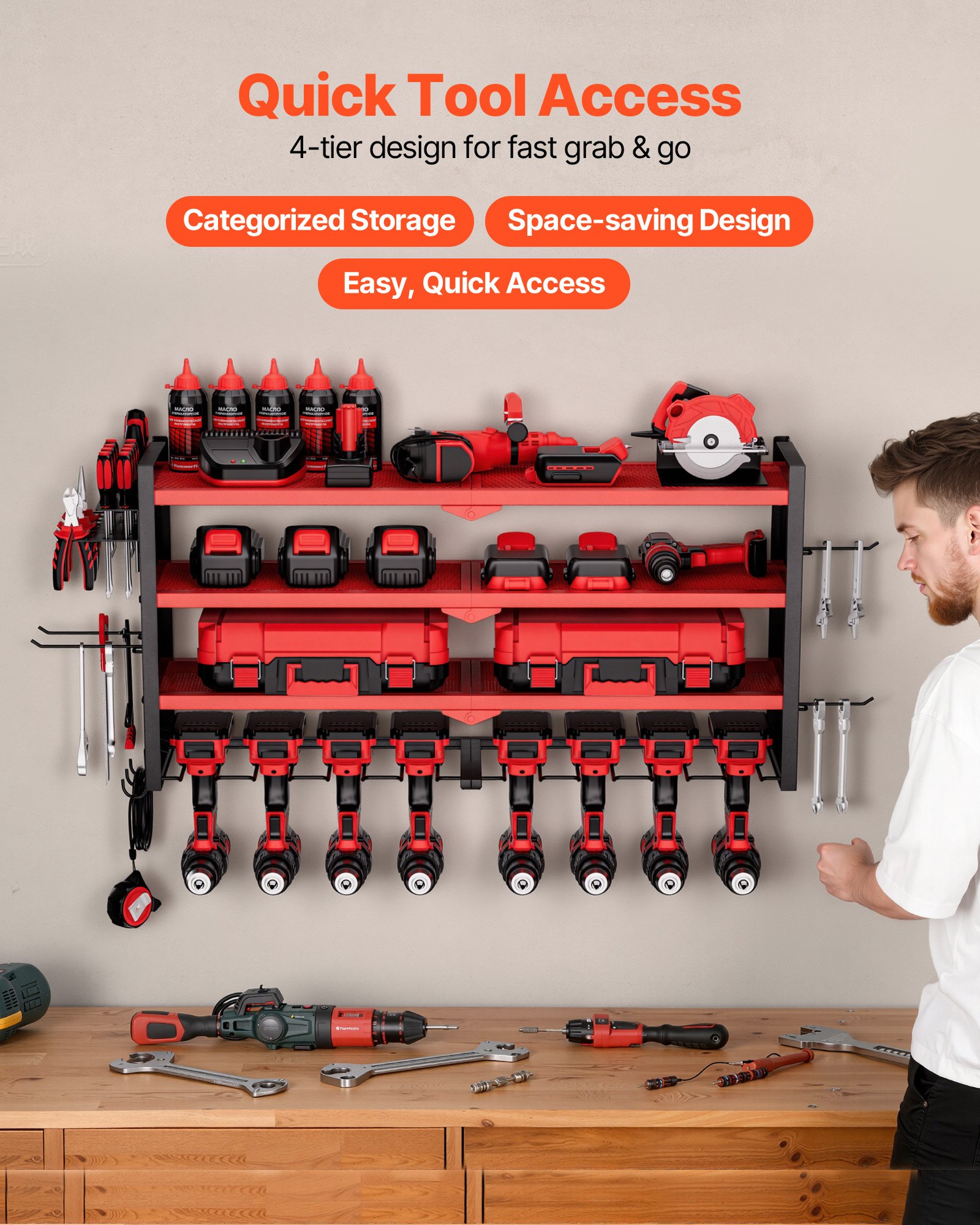 VEVOR Organizador de Herramientas Eléctricas de Pared, Estante de Almacenamiento de 4 Capas con 8 Portabrocas, con Tableros Perforados Laterales, para Garaje, Banco y Taller, Rojo Brillante Mate