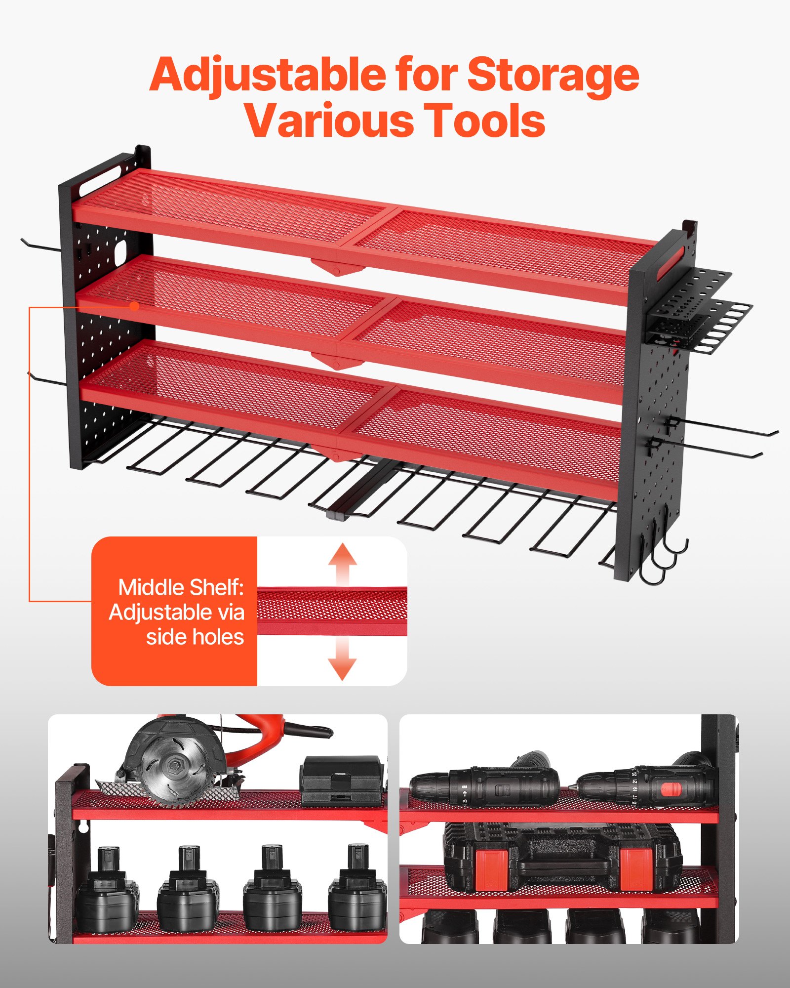 VEVOR Organizador de Herramientas Eléctricas de Pared, Estante de Almacenamiento de 4 Capas con 8 Portabrocas, con Tableros Perforados Laterales, para Garaje, Banco y Taller, Rojo Brillante Mate