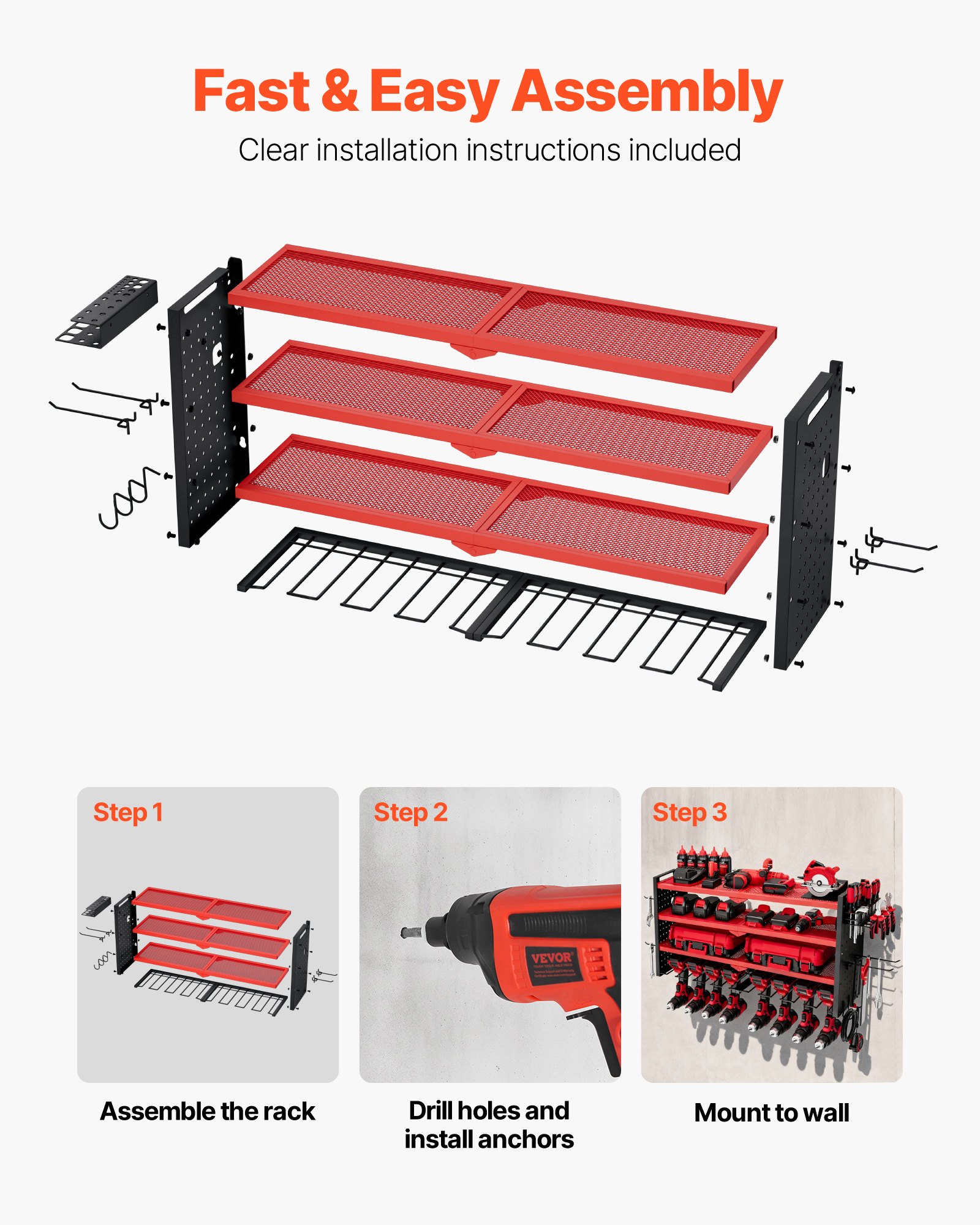 VEVOR Organizador de Herramientas Eléctricas de Pared, Estante de Almacenamiento de 4 Capas con 8 Portabrocas, con Tableros Perforados Laterales, para Garaje, Banco y Taller, Rojo Brillante Mate