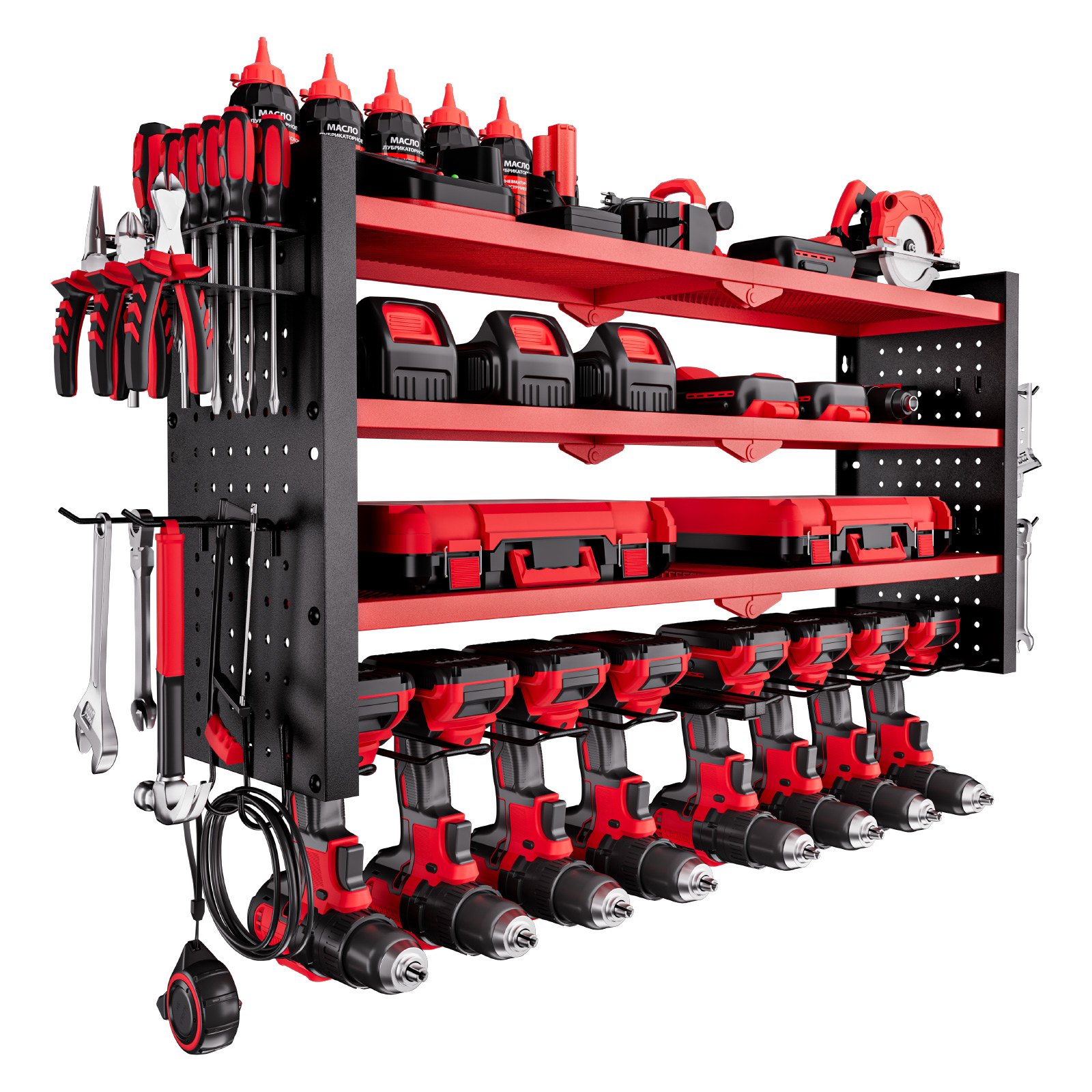 VEVOR Organizador de Herramientas Eléctricas de Pared, Estante de Almacenamiento de 4 Capas con 8 Portabrocas, con Tableros Perforados Laterales, para Garaje, Banco y Taller, Rojo Brillante Mate
