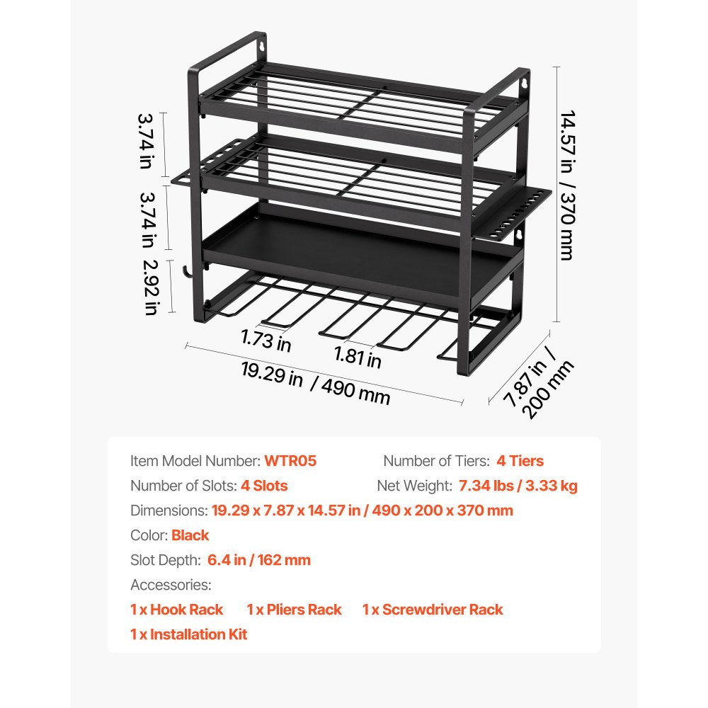 VEVOR Organizador de Herramientas Eléctricas de Pared, Estante de Almacenamiento de 4 Capas con 4 Soportes para Taladros, para Garaje, Banco de Trabajo y Taller, 490 x 200 x 370 mm, Carga 60 kg