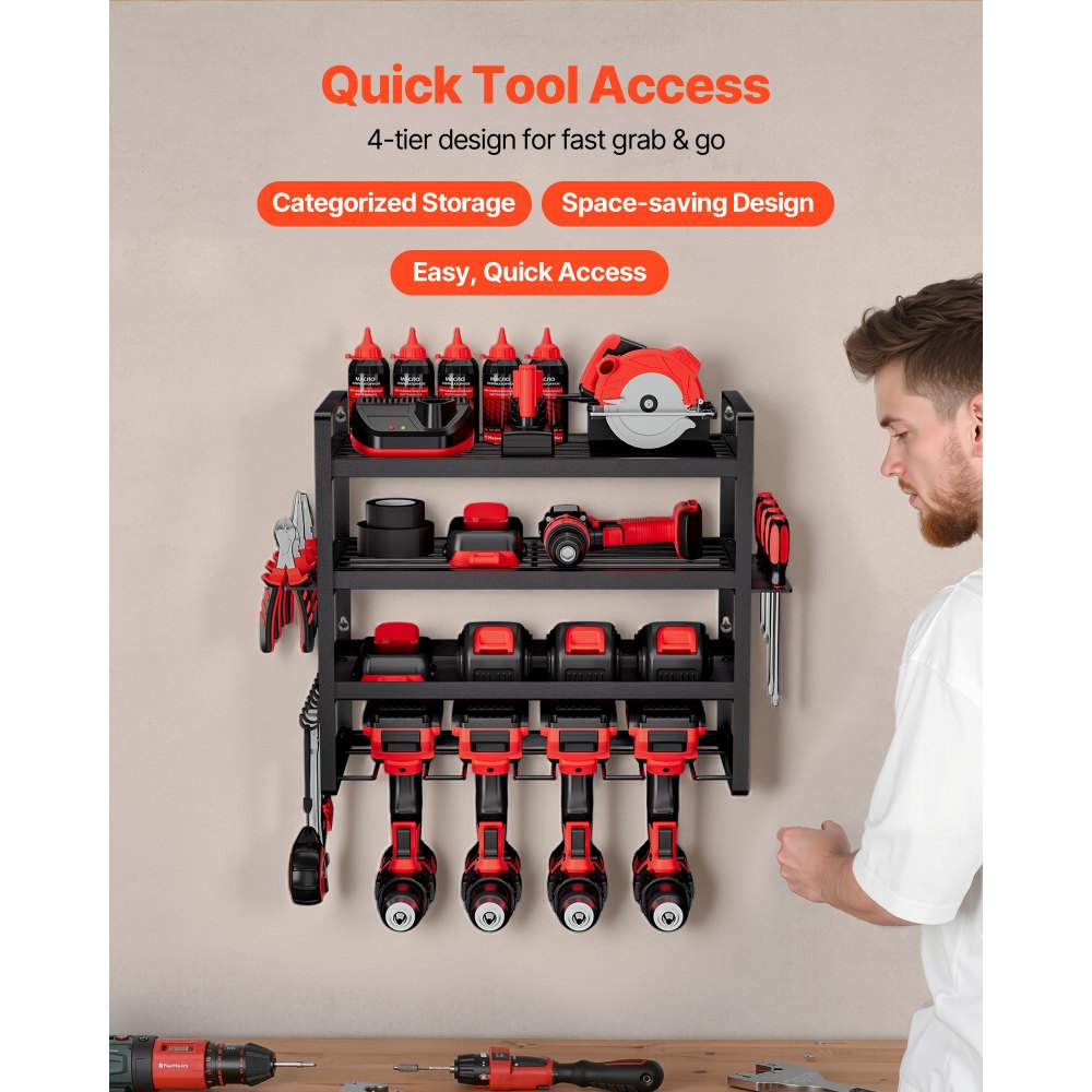 VEVOR Organizador de Herramientas Eléctricas de Pared, Estante de Almacenamiento de 4 Capas con 4 Soportes para Taladros, para Garaje, Banco de Trabajo y Taller, 490 x 200 x 370 mm, Carga 60 kg