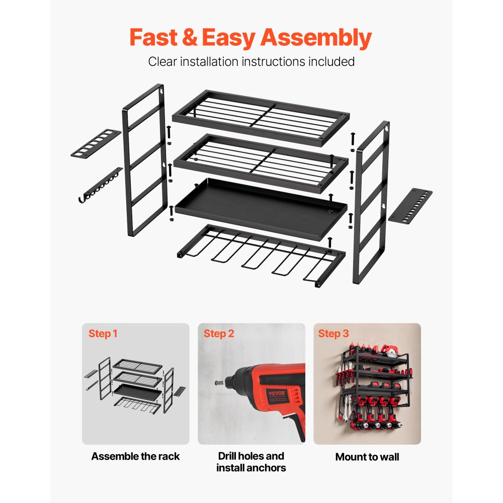 VEVOR Organizador de Herramientas Eléctricas de Pared, Estante de Almacenamiento de 4 Capas con 4 Soportes para Taladros, para Garaje, Banco de Trabajo y Taller, 490 x 200 x 370 mm, Carga 60 kg