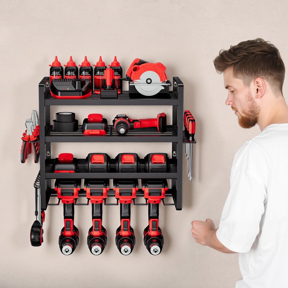 VEVOR Organizador de Herramientas Eléctricas de Pared, Estante de Almacenamiento de 4 Capas con 4 Soportes para Taladros, para Garaje, Banco de Trabajo y Taller, 490 x 200 x 370 mm, Carga 60 kg