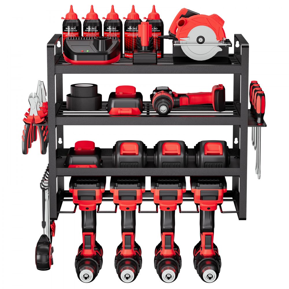 VEVOR Organizador de Herramientas Eléctricas de Pared, Estante de Almacenamiento de 4 Capas con 4 Soportes para Taladros, para Garaje, Banco de Trabajo y Taller, 490 x 200 x 370 mm, Carga 60 kg