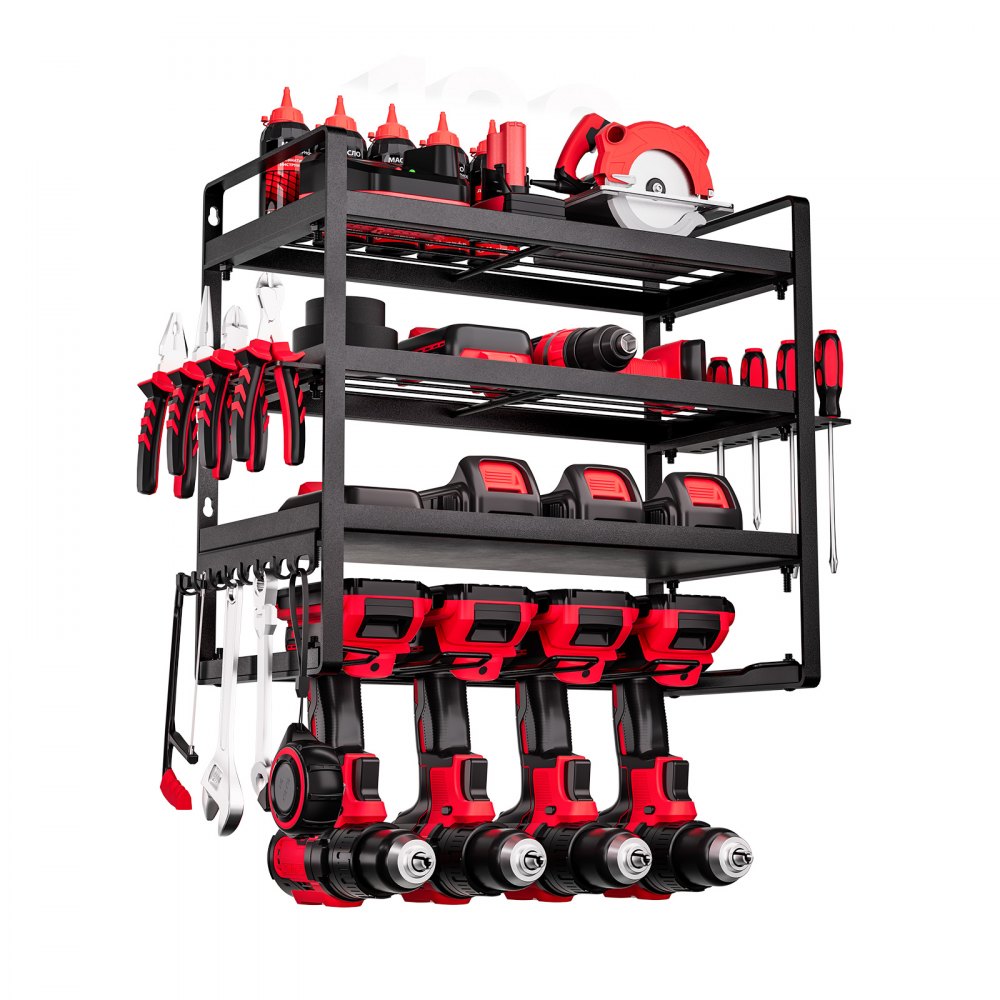 VEVOR Organizador de Herramientas Eléctricas de Pared, Estante de Almacenamiento de 4 Capas con 4 Soportes para Taladros, para Garaje, Banco de Trabajo y Taller, 490 x 200 x 370 mm, Carga 60 kg