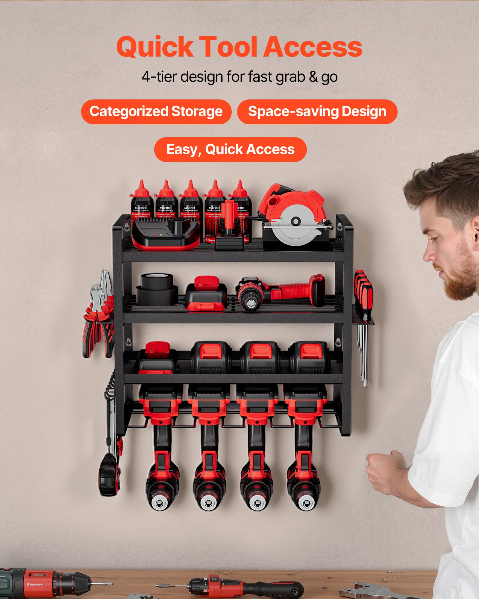 VEVOR Organizador de Herramientas Eléctricas de Pared, Estante de Almacenamiento de 4 Capas con 4 Soportes para Taladros, para Garaje, Banco de Trabajo y Taller, 490 x 200 x 370 mm, Carga 60 kg