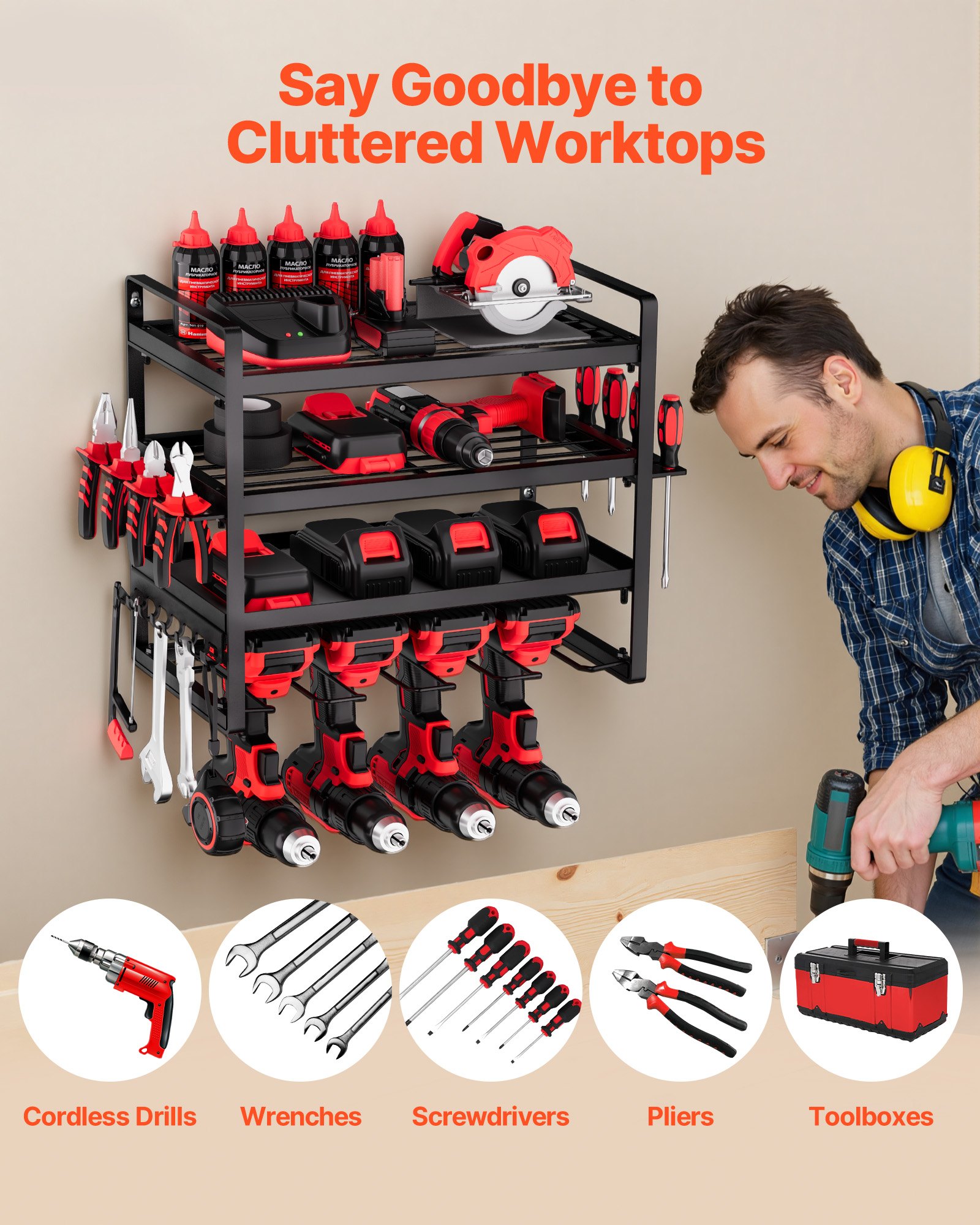 VEVOR Organizador de Herramientas Eléctricas de Pared, Estante de Almacenamiento de 4 Capas con 4 Soportes para Taladros, para Garaje, Banco de Trabajo y Taller, 490 x 200 x 370 mm, Carga 60 kg