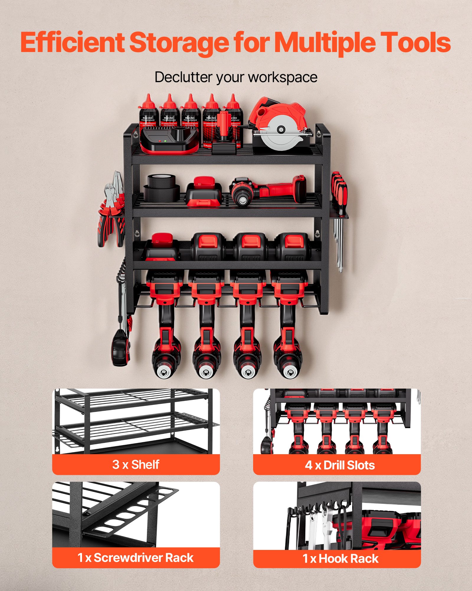 VEVOR Organizador de Herramientas Eléctricas de Pared, Estante de Almacenamiento de 4 Capas con 4 Soportes para Taladros, para Garaje, Banco de Trabajo y Taller, 490 x 200 x 370 mm, Carga 60 kg