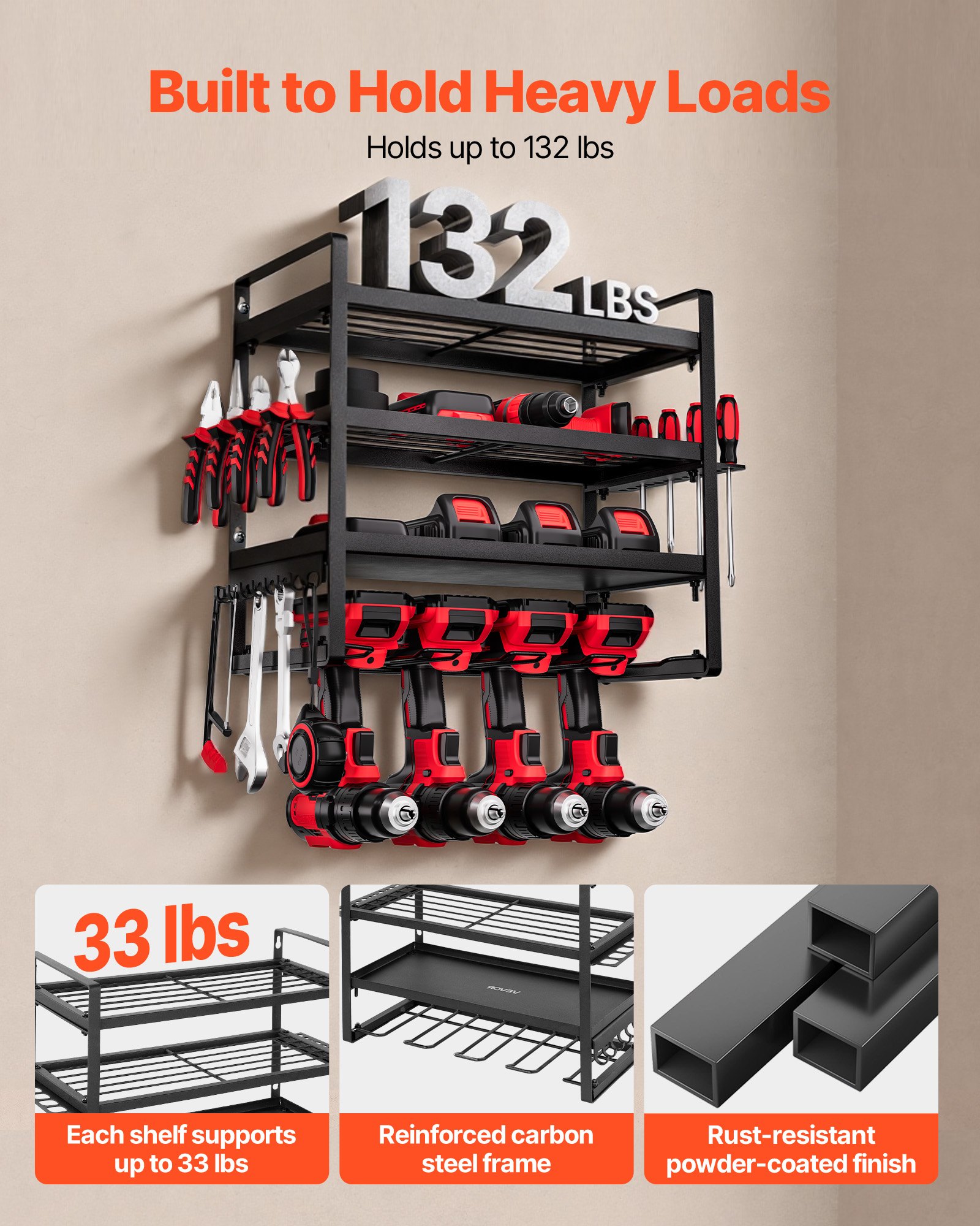 VEVOR Organizador de Herramientas Eléctricas de Pared, Estante de Almacenamiento de 4 Capas con 4 Soportes para Taladros, para Garaje, Banco de Trabajo y Taller, 490 x 200 x 370 mm, Carga 60 kg