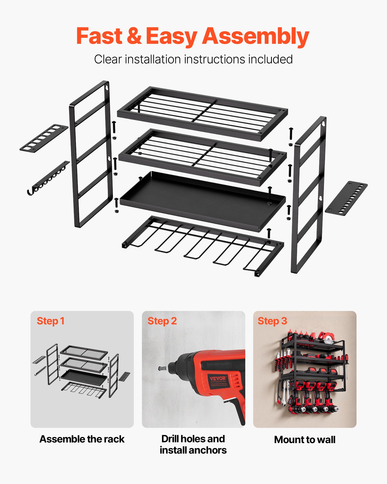 VEVOR Organizador de Herramientas Eléctricas de Pared, Estante de Almacenamiento de 4 Capas con 4 Soportes para Taladros, para Garaje, Banco de Trabajo y Taller, 490 x 200 x 370 mm, Carga 60 kg