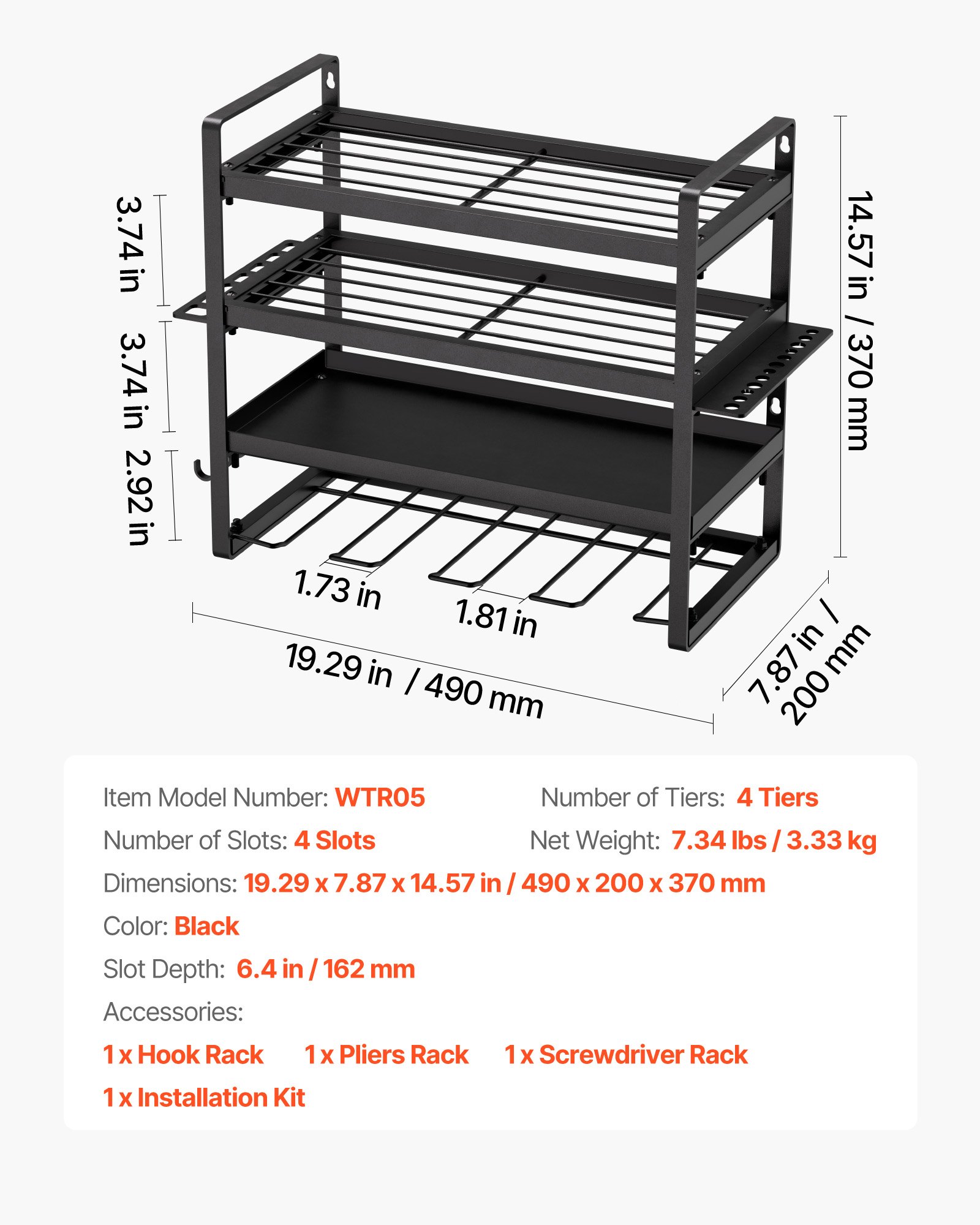 VEVOR Organizador de Herramientas Eléctricas de Pared, Estante de Almacenamiento de 4 Capas con 4 Soportes para Taladros, para Garaje, Banco de Trabajo y Taller, 490 x 200 x 370 mm, Carga 60 kg